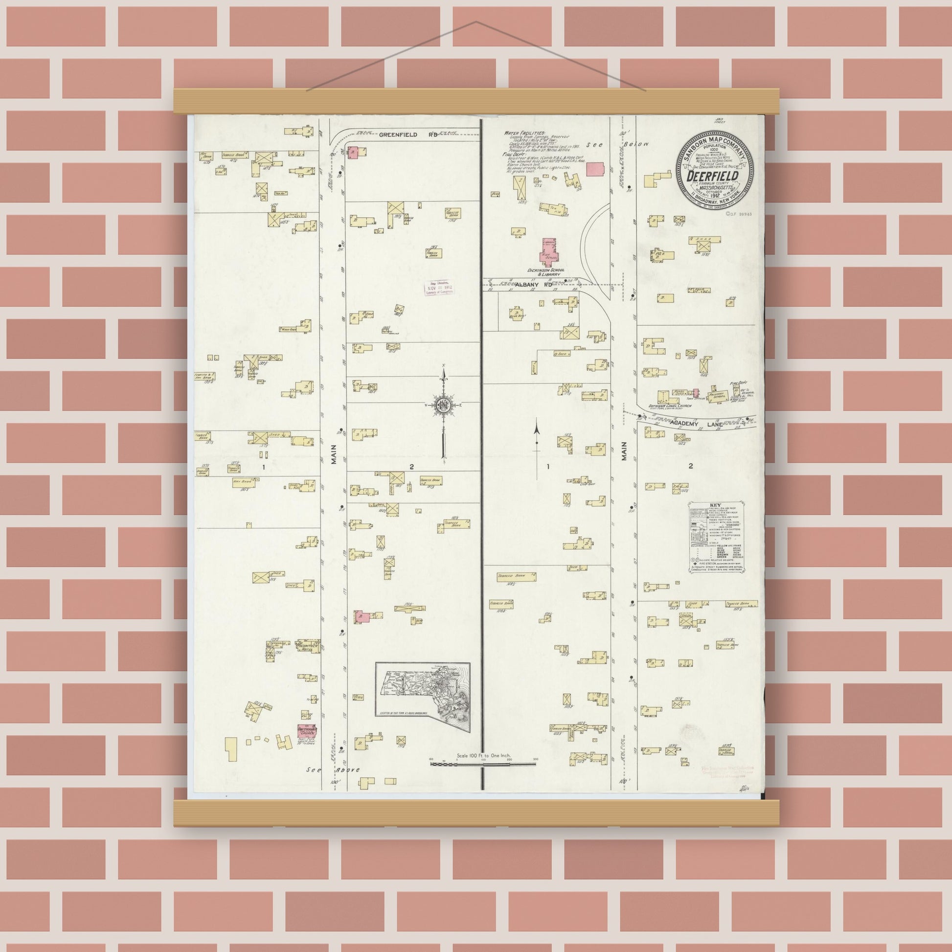 Old map wall art mockup — magnetic wood frame on brick wall — Sanborn Fire Insurance Map from Deerfield, Franklin County, Massachusetts (1912), Sheet #0001