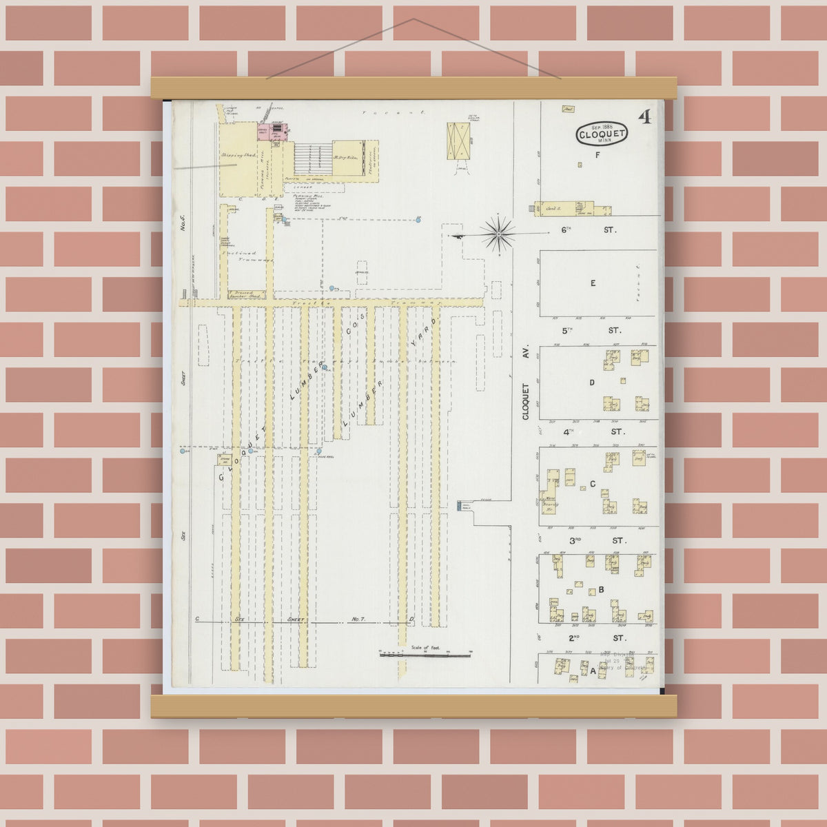 Old map wall art mockup — magnetic wood frame on brick wall — Sanborn Fire Insurance Map from Cloquet, Carlton County, Minnesota (1888), Sheet #0004