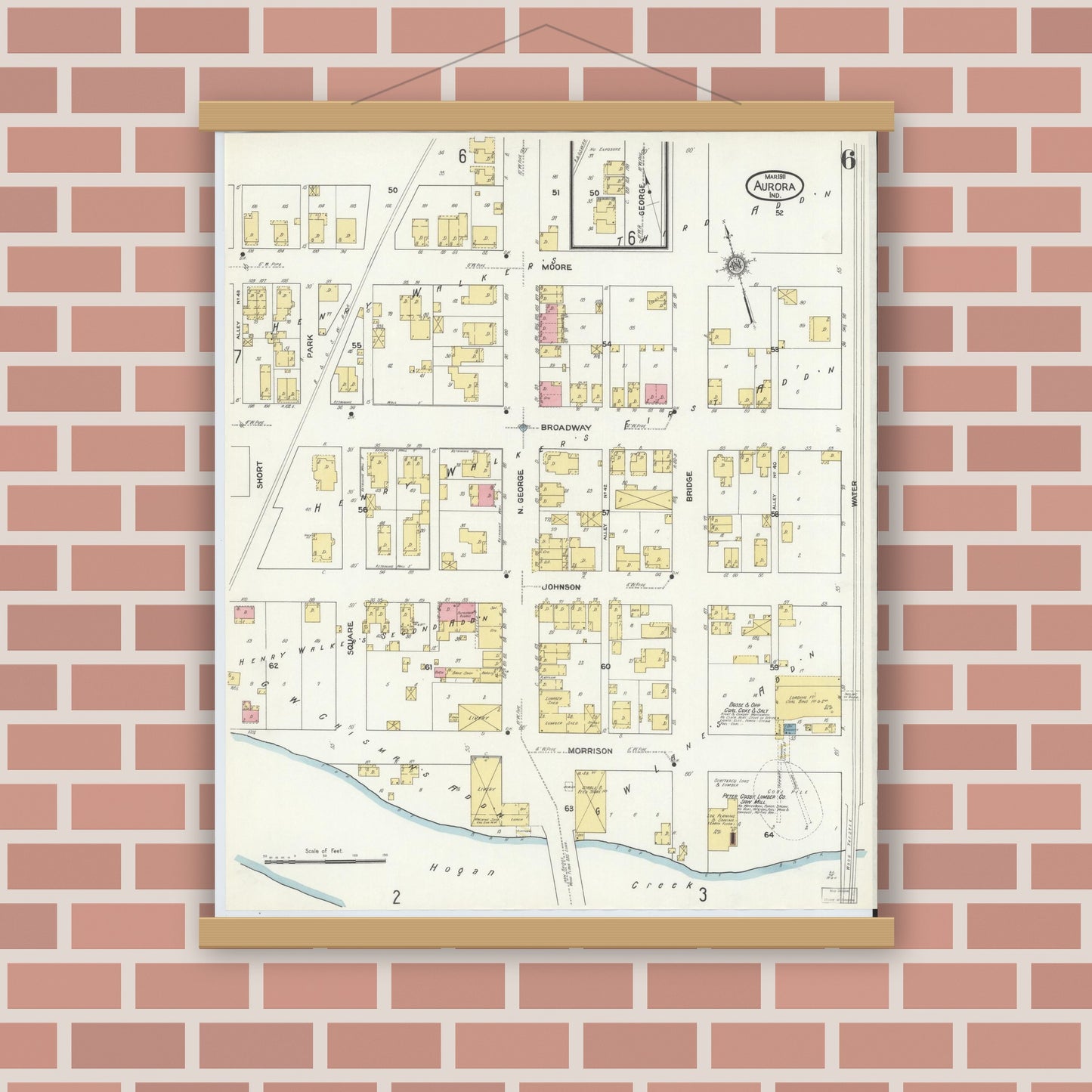 Old map wall art mockup — magnetic wood frame on brick wall — Sanborn Fire Insurance Map from Aurora, Dearborn County, Indiana (1911), Sheet #0006