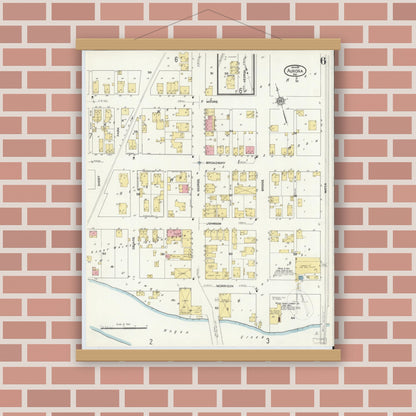 Old map wall art mockup — magnetic wood frame on brick wall — Sanborn Fire Insurance Map from Aurora, Dearborn County, Indiana (1911), Sheet #0006