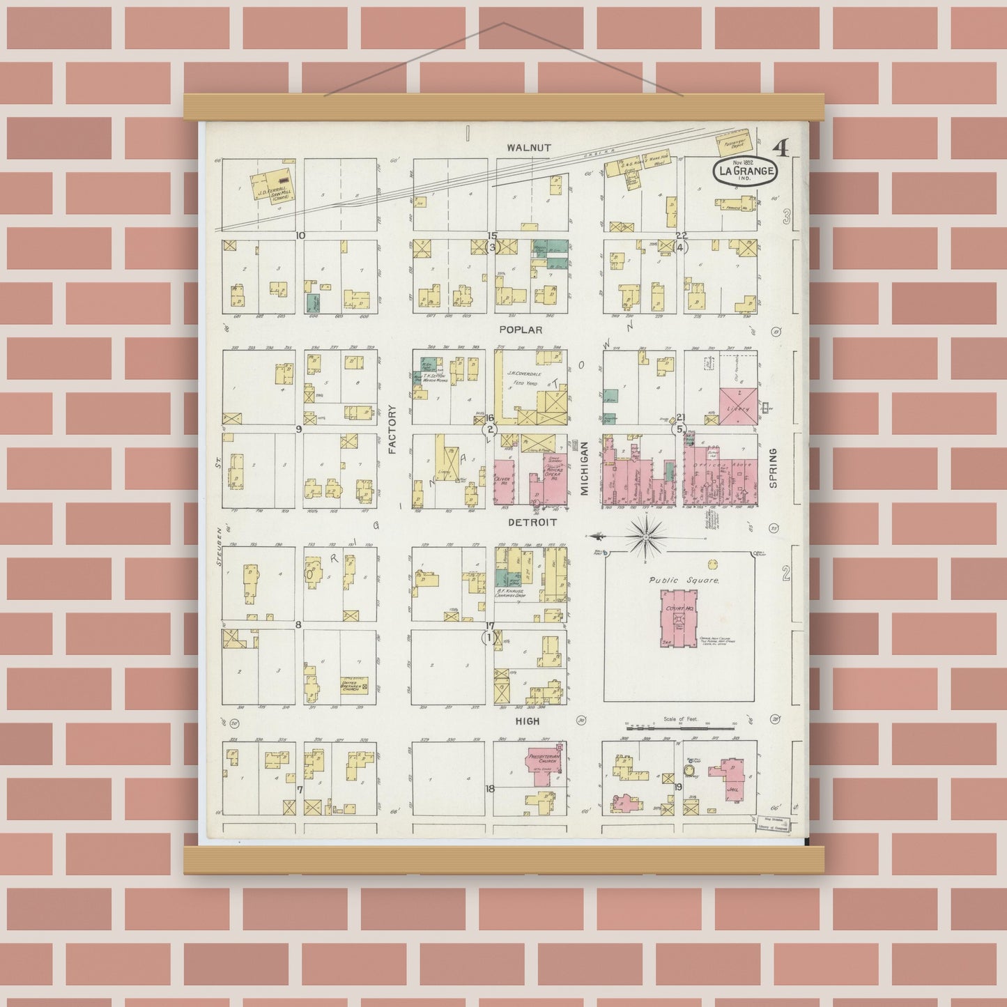 Old map wall art mockup — magnetic wood frame on brick wall — Sanborn Fire Insurance Map from Lagrange, LaGrange County, Indiana (1892), Sheet #0004