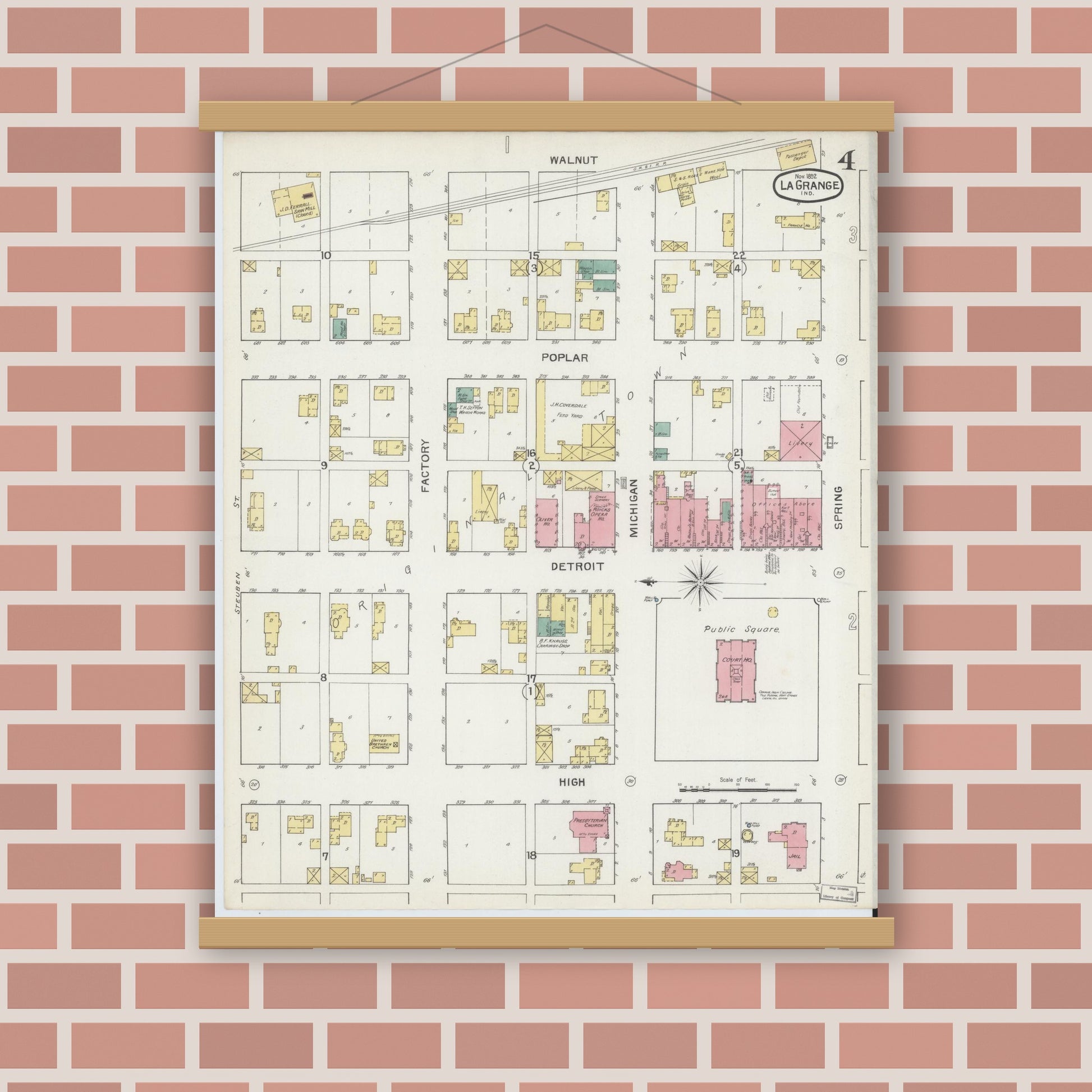 Old map wall art mockup — magnetic wood frame on brick wall — Sanborn Fire Insurance Map from Lagrange, LaGrange County, Indiana (1892), Sheet #0004