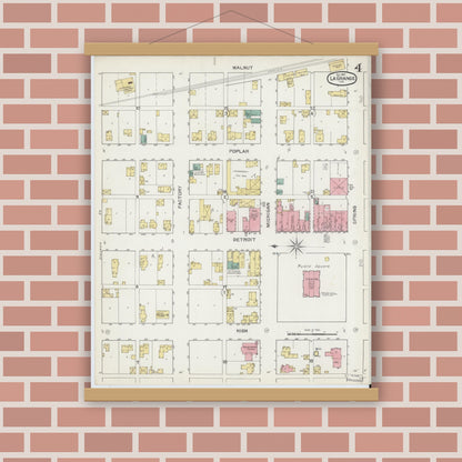 Old map wall art mockup — magnetic wood frame on brick wall — Sanborn Fire Insurance Map from Lagrange, LaGrange County, Indiana (1892), Sheet #0004