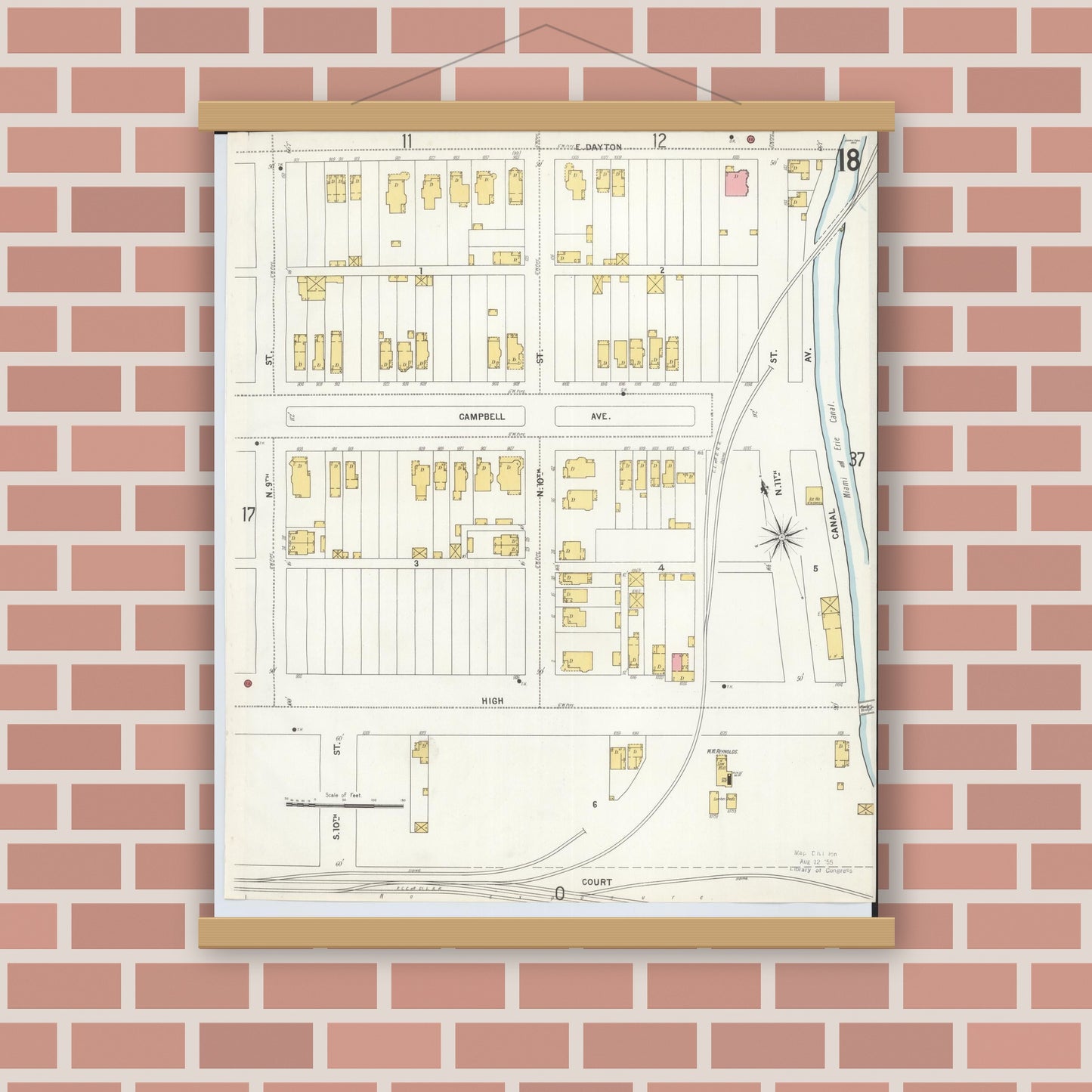 Old map wall art mockup — magnetic wood frame on brick wall — Sanborn Fire Insurance Map from Hamilton, Butler County, Ohio (1899), Sheet #0018