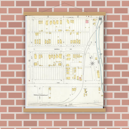 Old map wall art mockup — magnetic wood frame on brick wall — Sanborn Fire Insurance Map from Hamilton, Butler County, Ohio (1899), Sheet #0018