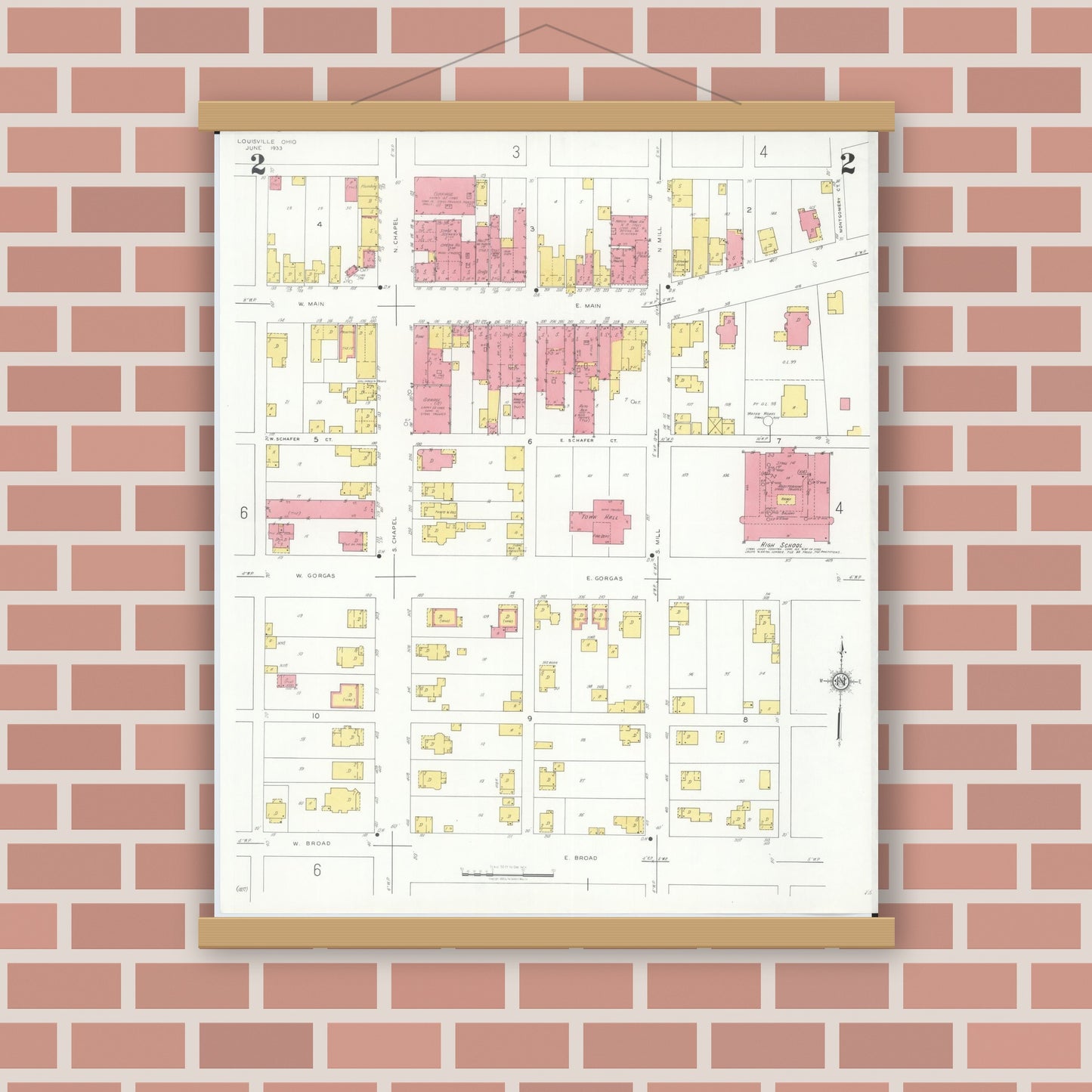 Old map wall art mockup — magnetic wood frame on brick wall — Sanborn Fire Insurance Map from Louisville, Stark County, Ohio (1933), Sheet #0002