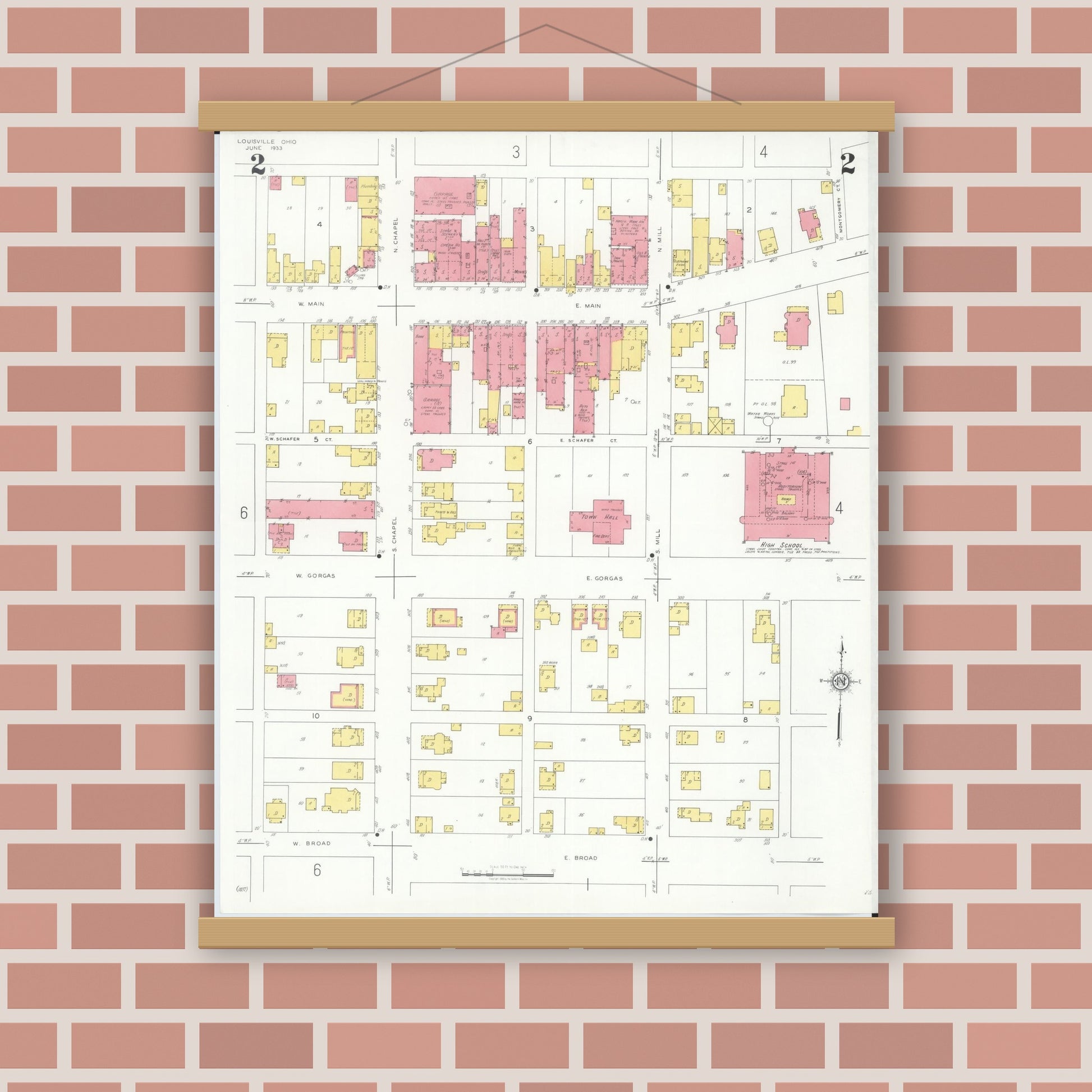 Old map wall art mockup — magnetic wood frame on brick wall — Sanborn Fire Insurance Map from Louisville, Stark County, Ohio (1933), Sheet #0002