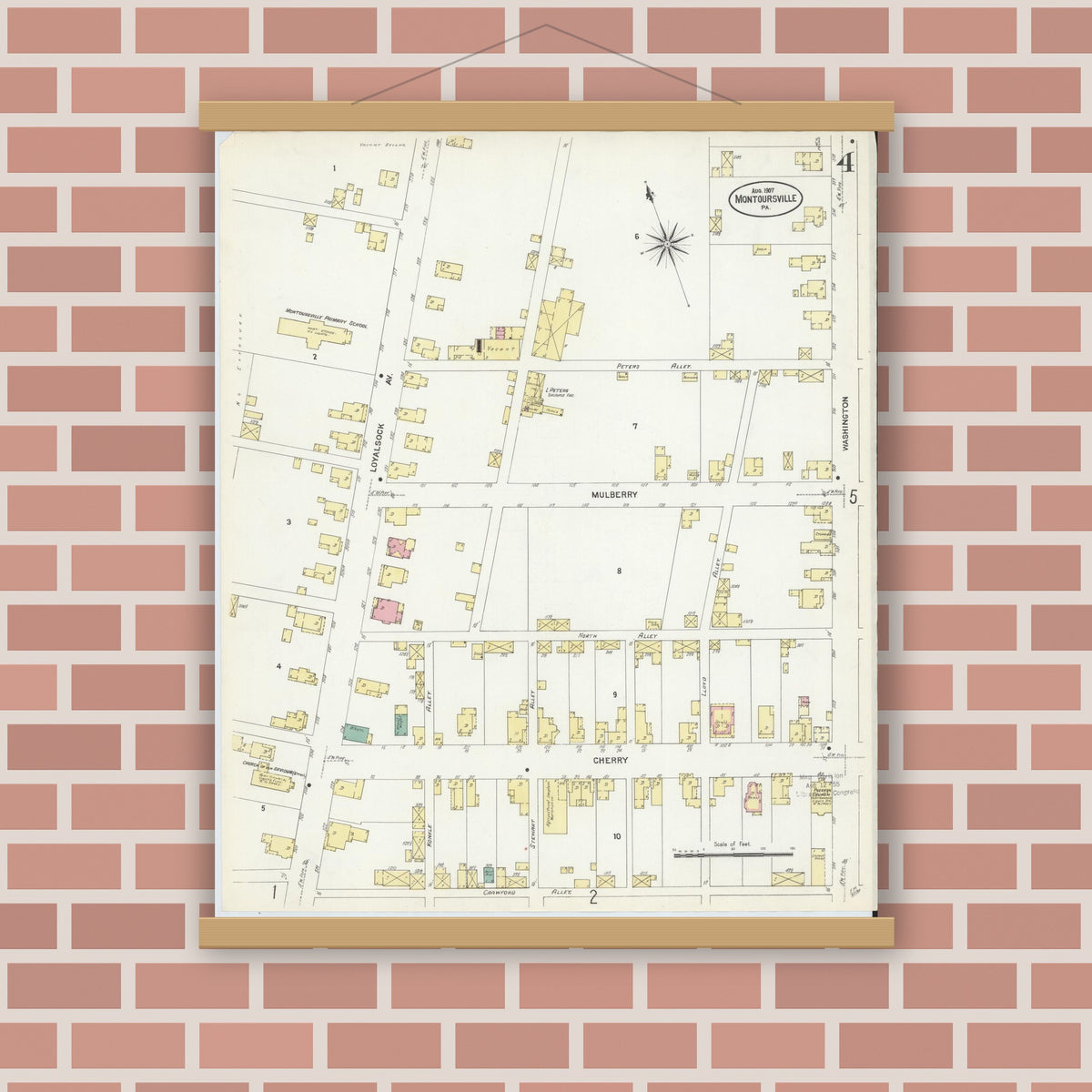 Old map wall art mockup — magnetic wood frame on brick wall — Sanborn Fire Insurance Map from Montoursville, Lycoming County, Pennsylvania (1907), Sheet #0004