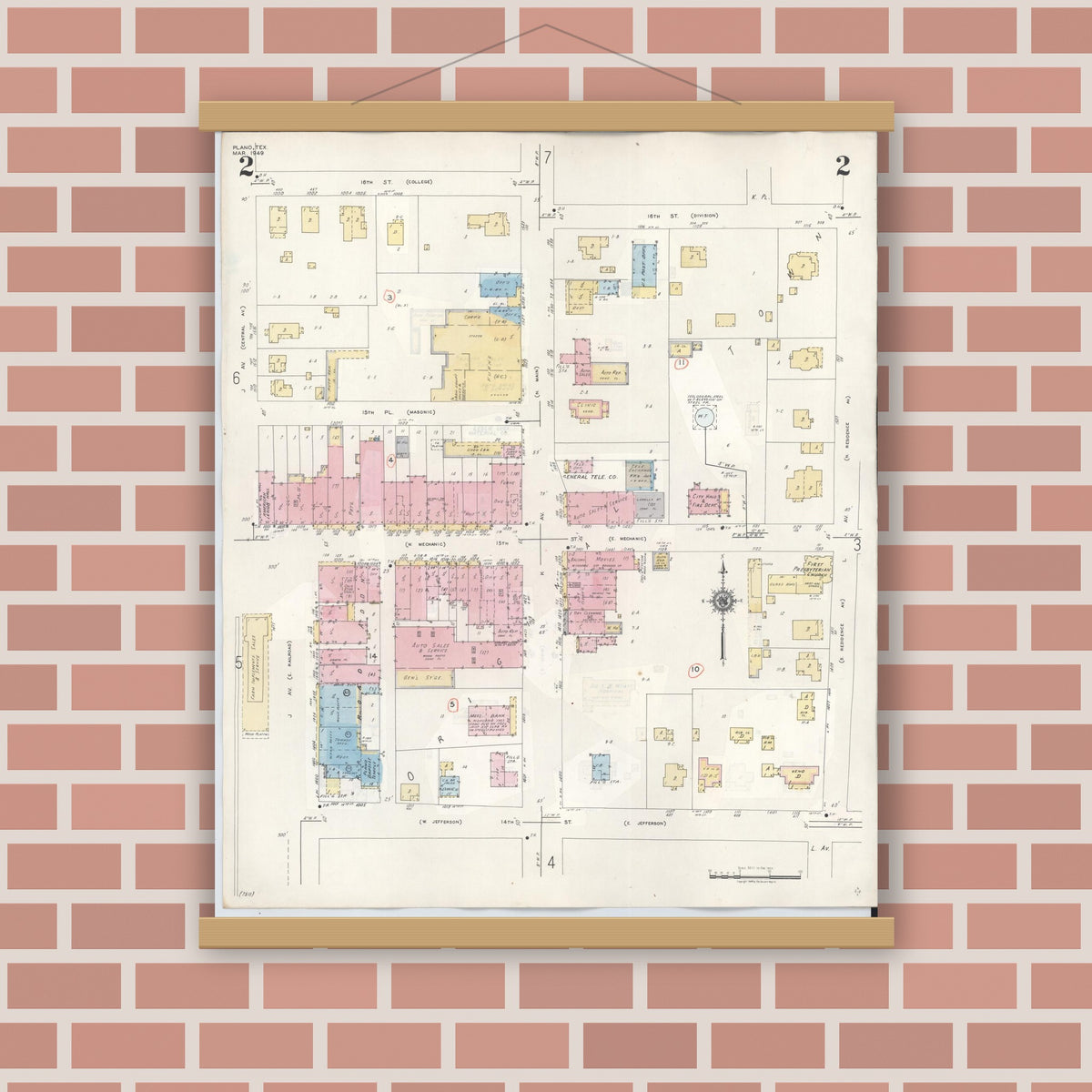 Old map wall art mockup — magnetic wood frame on brick wall — Sanborn Fire Insurance Map from Plano, Collin County, Texas (1961), Sheet #0002