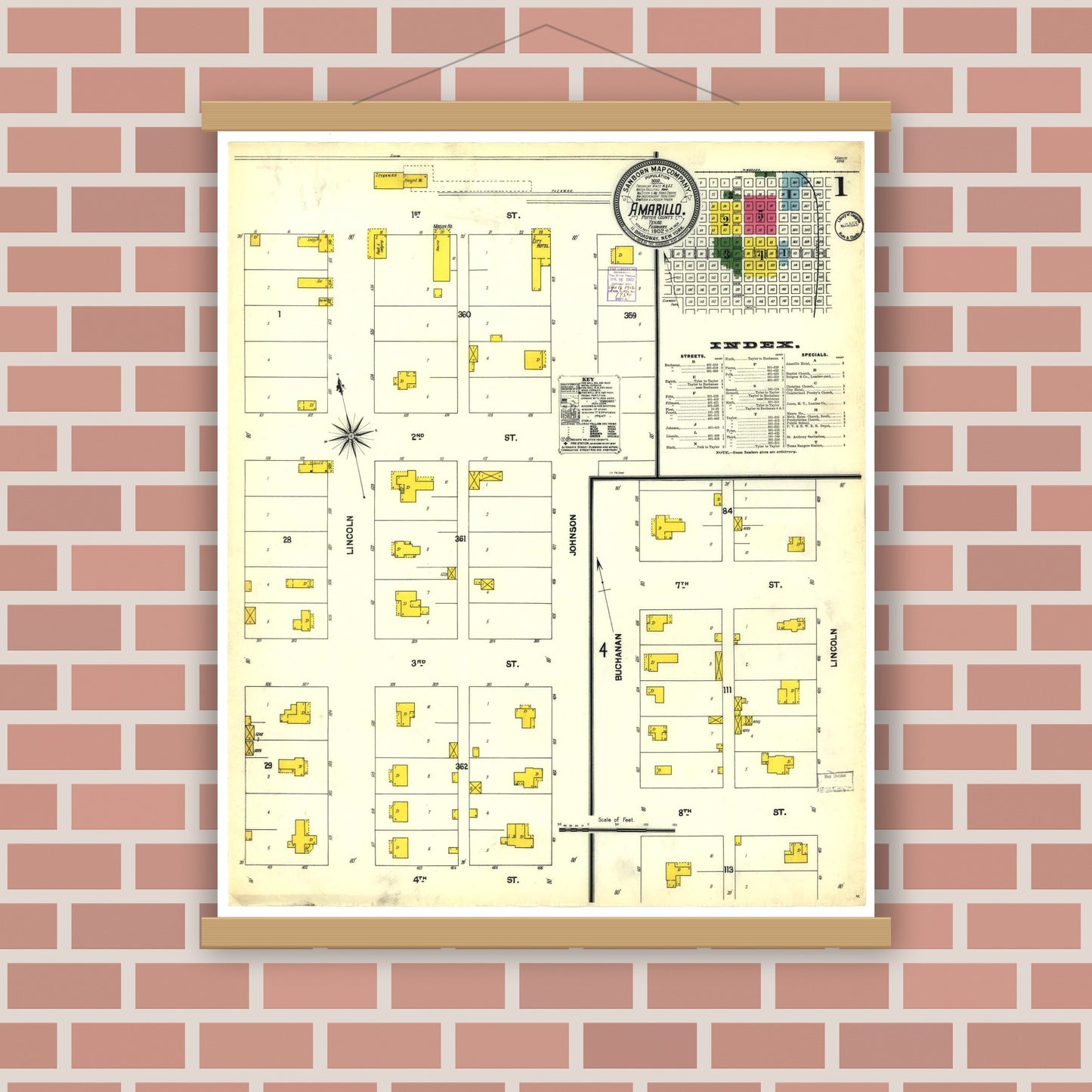 Old map wall art mockup — magnetic wood frame on brick wall — Sanborn Fire Insurance Map from Amarillo, Potter County, Texas (1902), Sheet #0001
