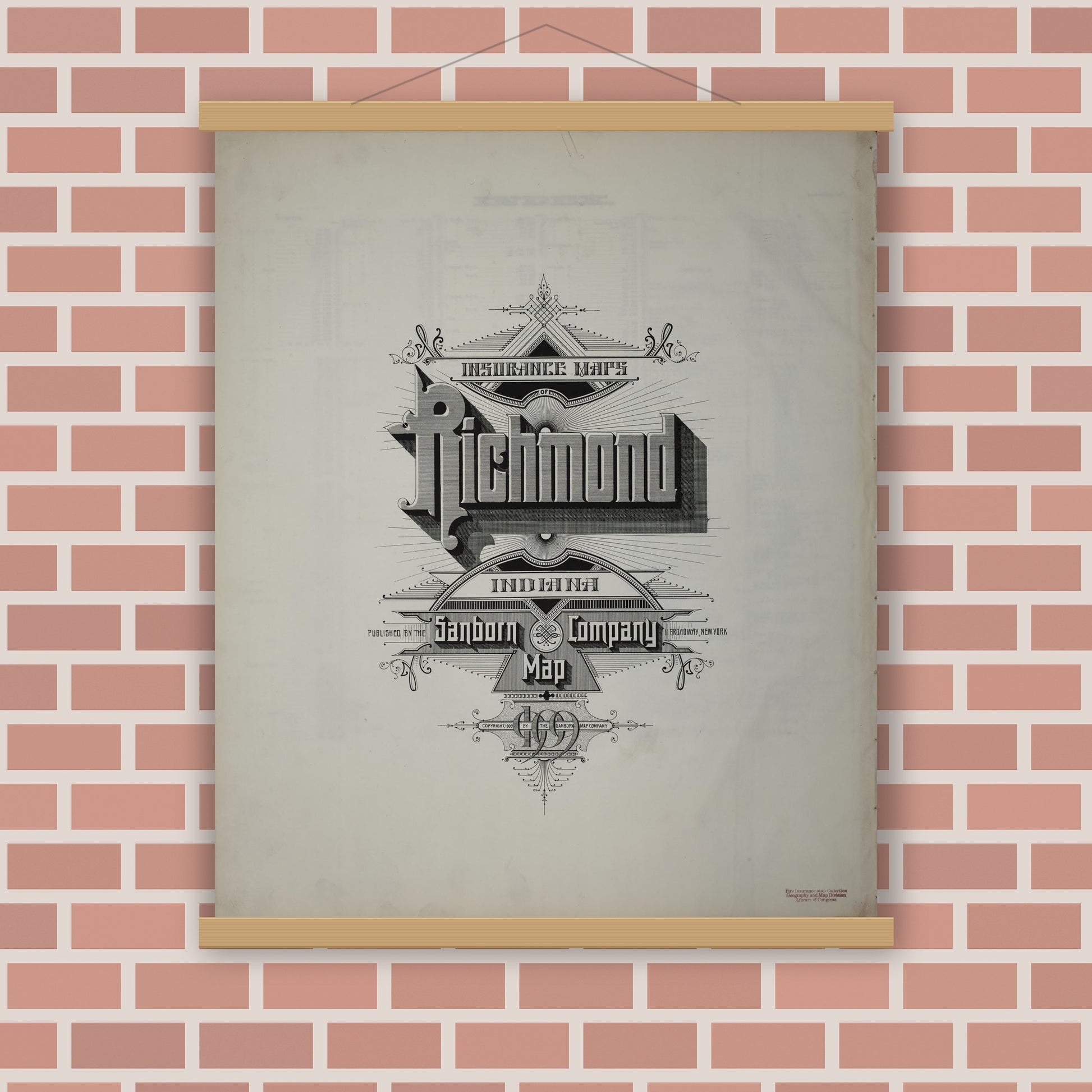 Old map wall art mockup — magnetic wood frame on brick wall — Sanborn Fire Insurance Map from Richmond, Wayne County, Indiana (1909), Sheet #0001