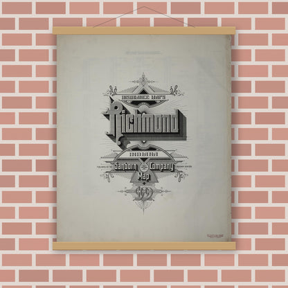 Old map wall art mockup — magnetic wood frame on brick wall — Sanborn Fire Insurance Map from Richmond, Wayne County, Indiana (1909), Sheet #0001