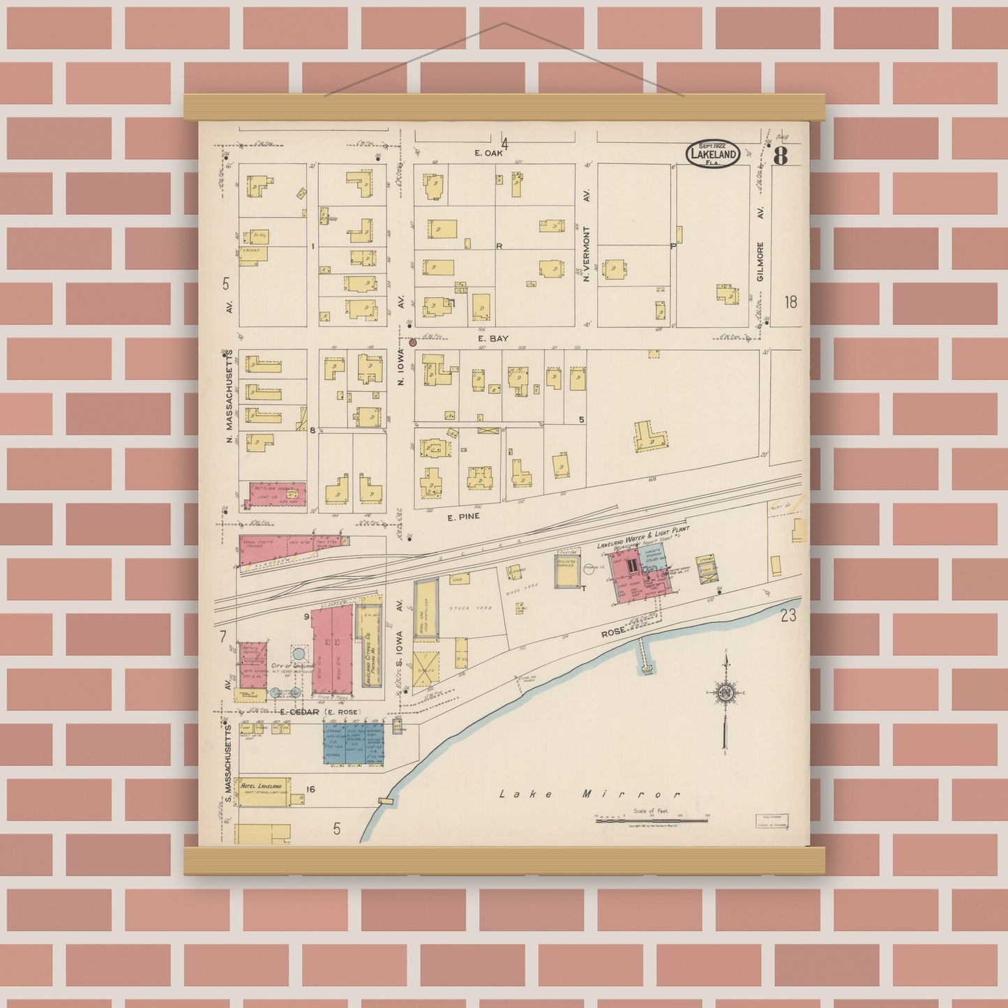 Old map wall art mockup — magnetic wood frame on brick wall — Sanborn Fire Insurance Map from Lakeland, Polk County, Florida (1922), Sheet #0008