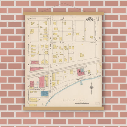 Old map wall art mockup — magnetic wood frame on brick wall — Sanborn Fire Insurance Map from Lakeland, Polk County, Florida (1922), Sheet #0008