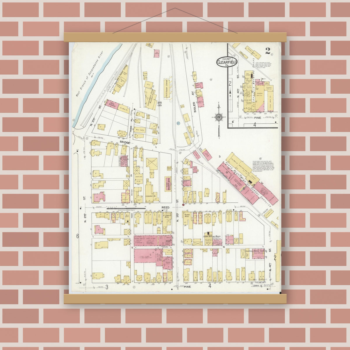 Old map wall art mockup — magnetic wood frame on brick wall — Sanborn Fire Insurance Map from Clearfield, Clearfield County, Pennsylvania (1917), Sheet #0002