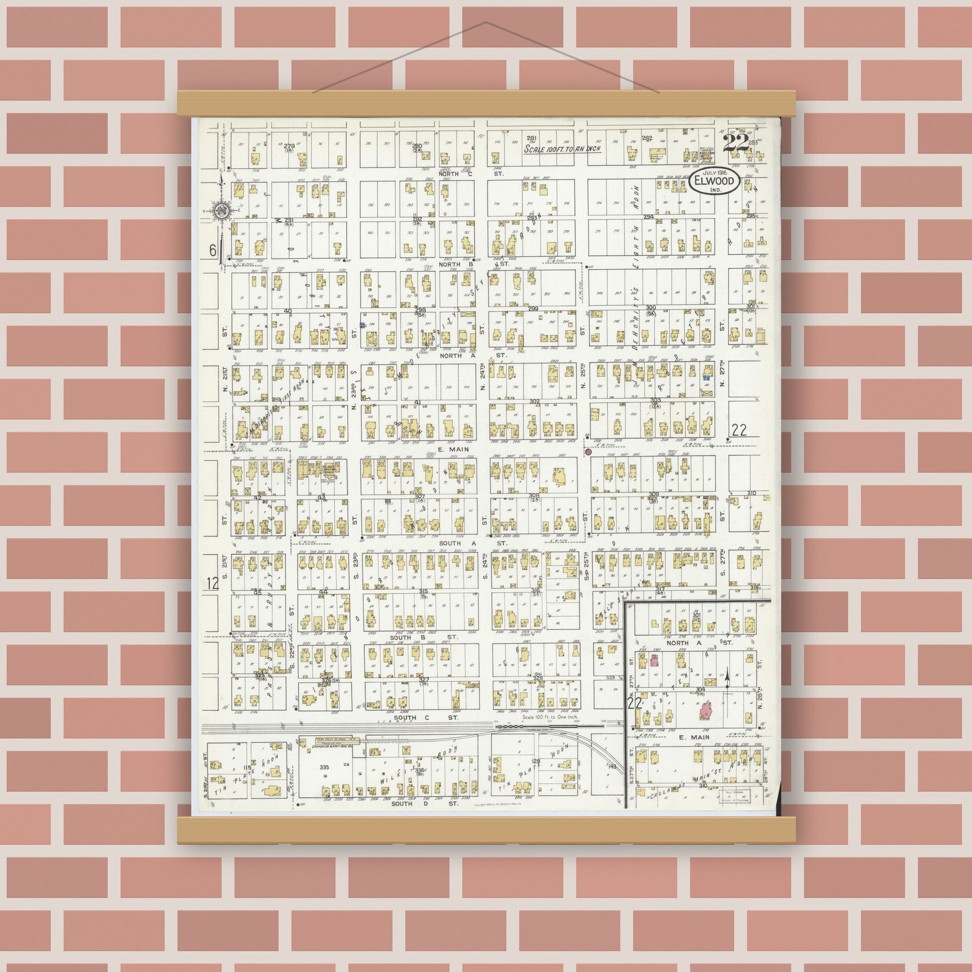 Old map wall art mockup — magnetic wood frame on brick wall — Sanborn Fire Insurance Map from Elwood, Madison County, Indiana (1916), Sheet #0022