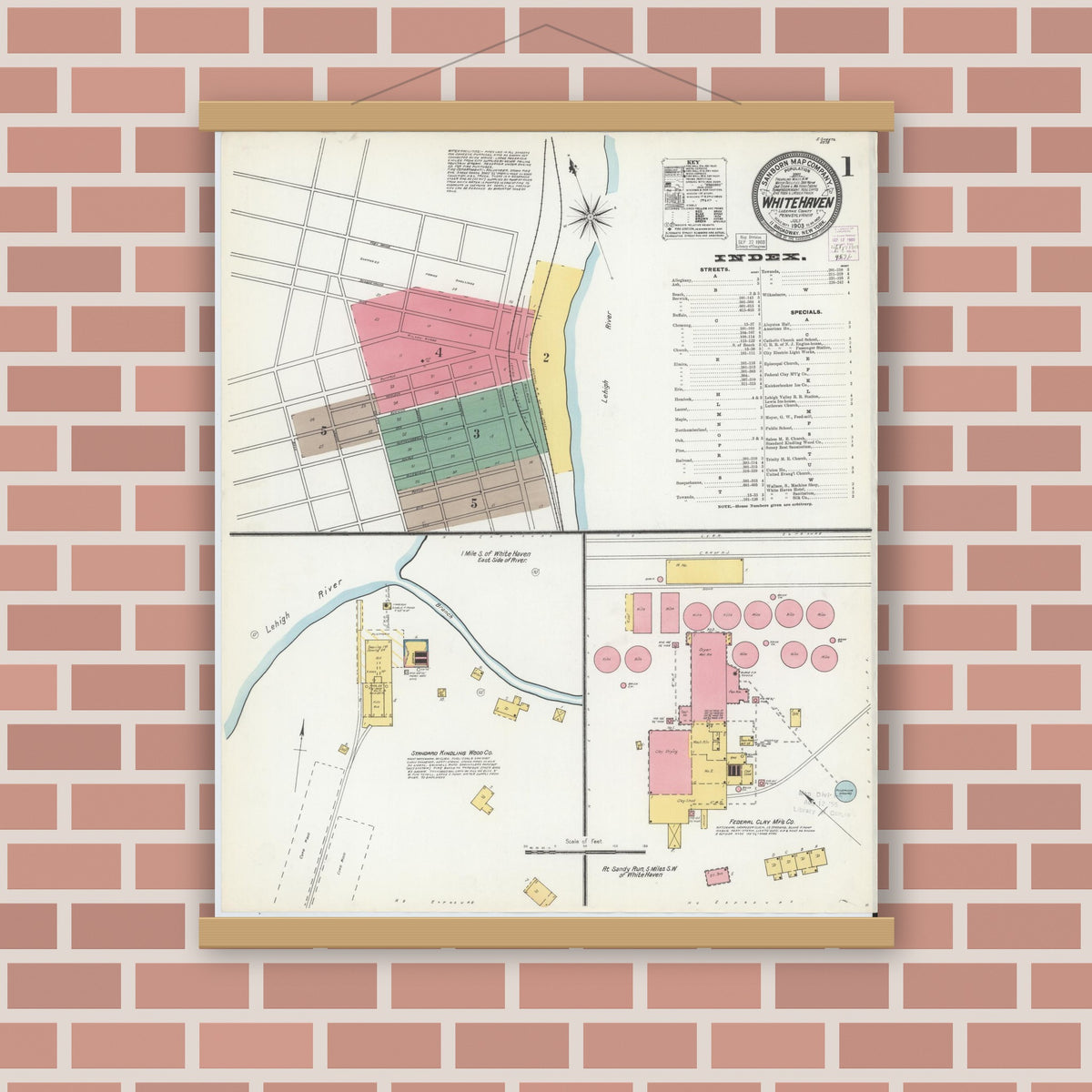 Old map wall art mockup — magnetic wood frame on brick wall — Sanborn Fire Insurance Map from White Haven, Luzerne County, Pennsylvania (1903) - Complete Map Set