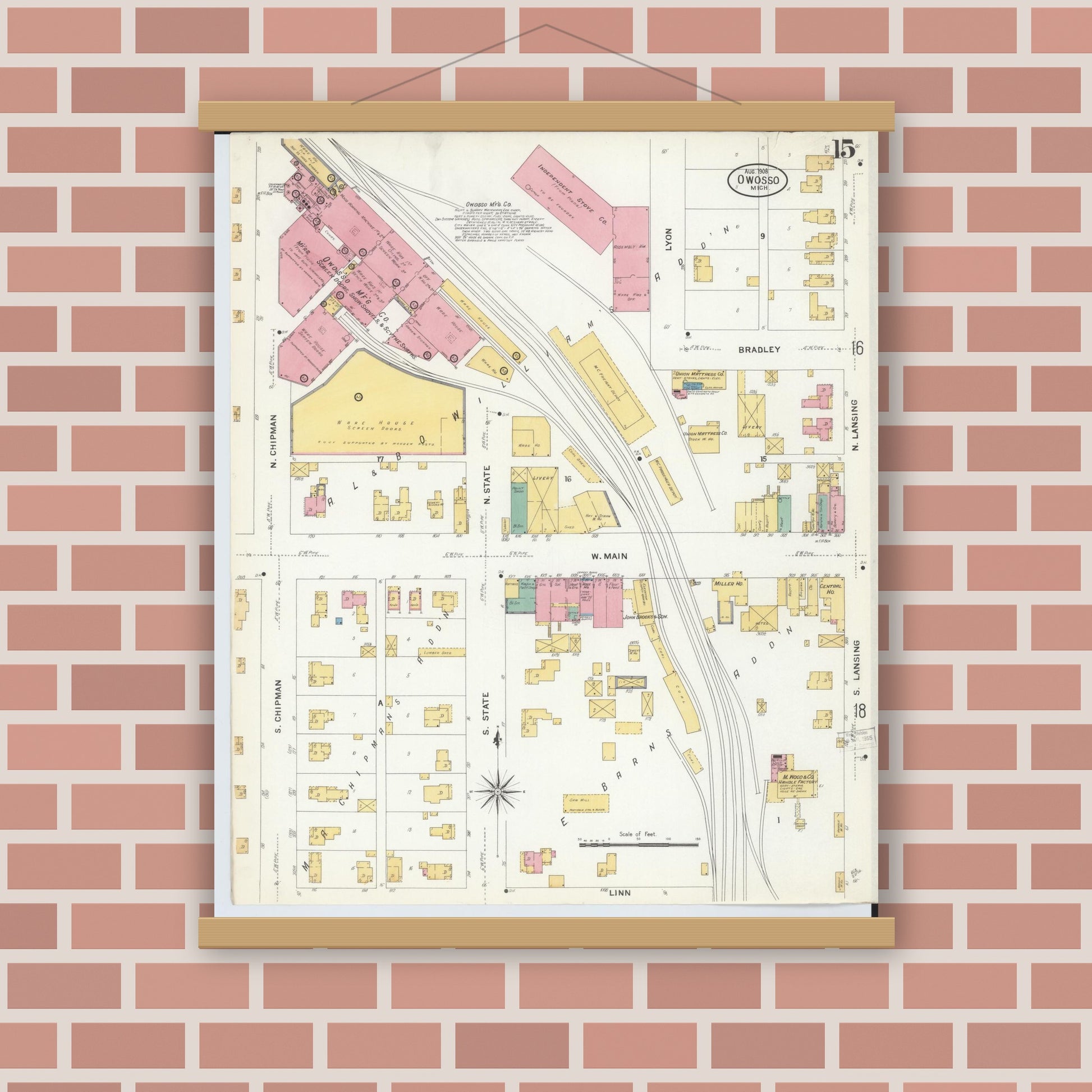 Old map wall art mockup — magnetic wood frame on brick wall — Sanborn Fire Insurance Map from Owosso, Shiawassee County, Michigan (1908), Sheet #0015