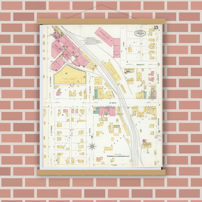 Old map wall art mockup — magnetic wood frame on brick wall — Sanborn Fire Insurance Map from Owosso, Shiawassee County, Michigan (1908), Sheet #0015