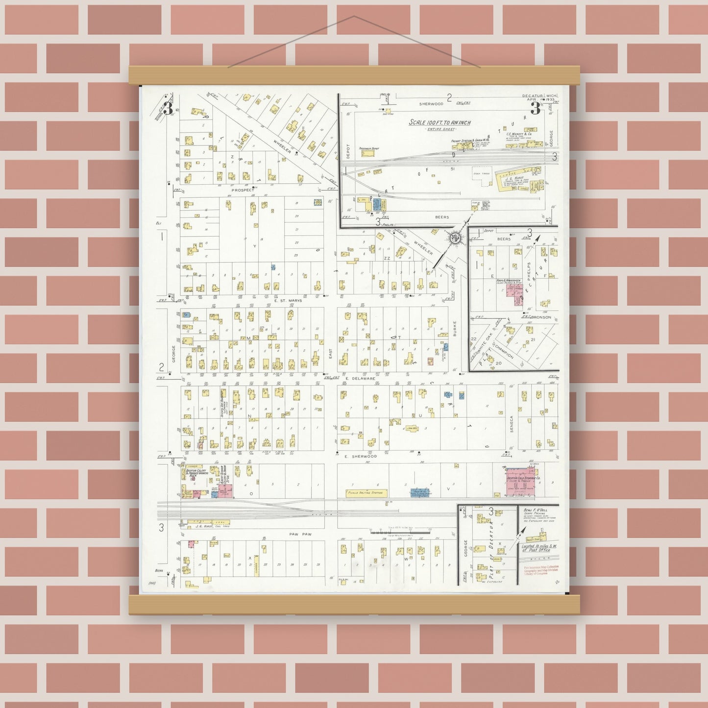 Old map wall art mockup — magnetic wood frame on brick wall — Sanborn Fire Insurance Map from Decatur, Van Buren County, Michigan (1933), Sheet #0003