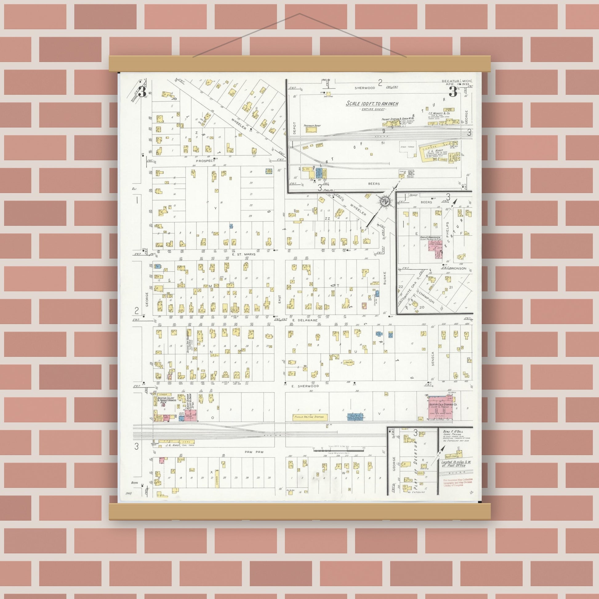 Old map wall art mockup — magnetic wood frame on brick wall — Sanborn Fire Insurance Map from Decatur, Van Buren County, Michigan (1933), Sheet #0003