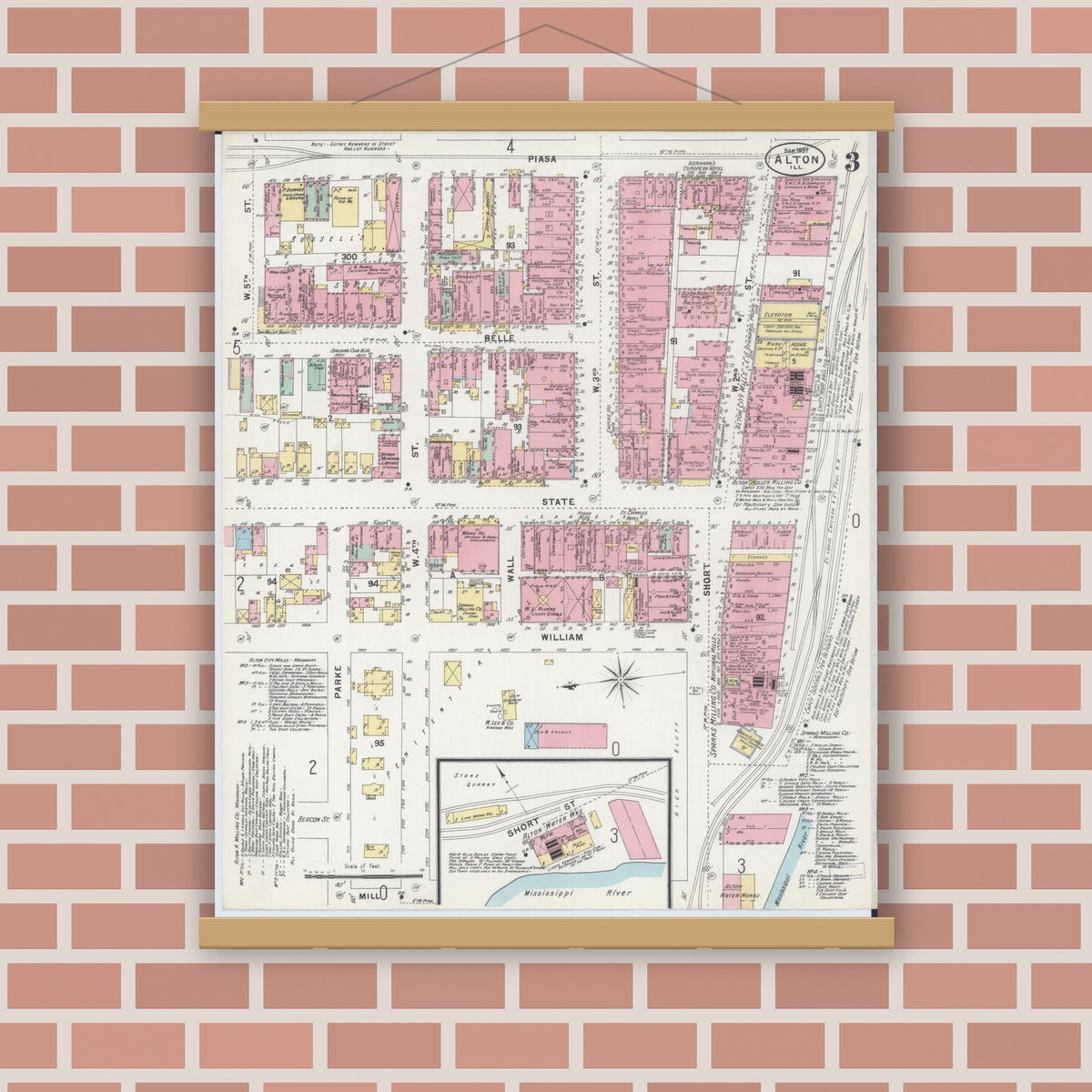 Old map wall art mockup — magnetic wood frame on brick wall — Sanborn Fire Insurance Map from Alton, Madison County, Illinois (1897), Sheet #0003