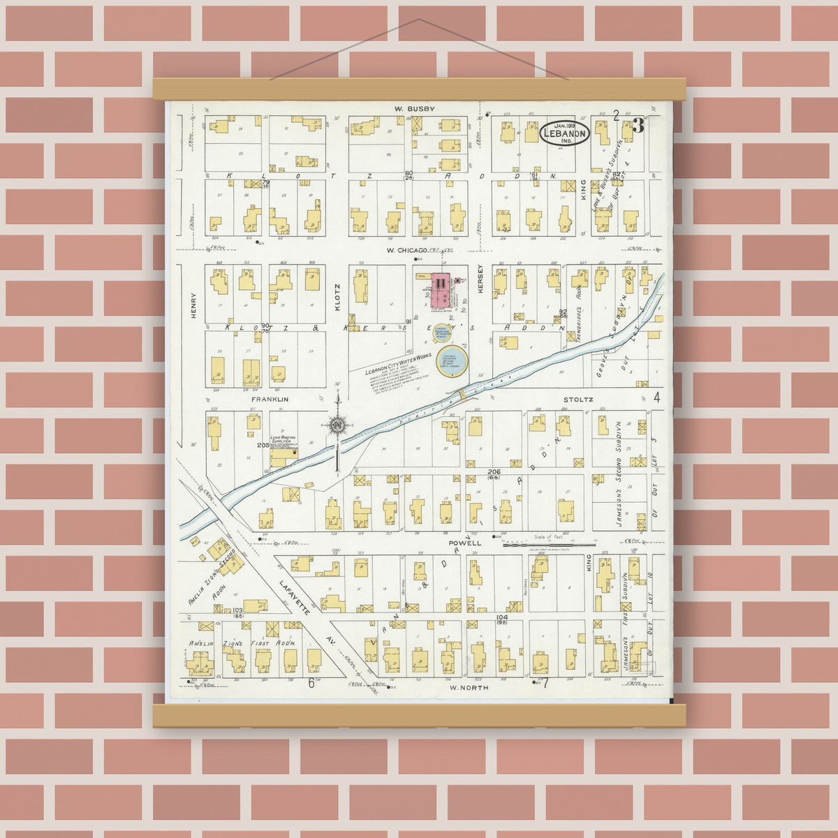 Old map wall art mockup — magnetic wood frame on brick wall — Sanborn Fire Insurance Map from Lebanon, Boone County, Indiana (1919), Sheet #0003