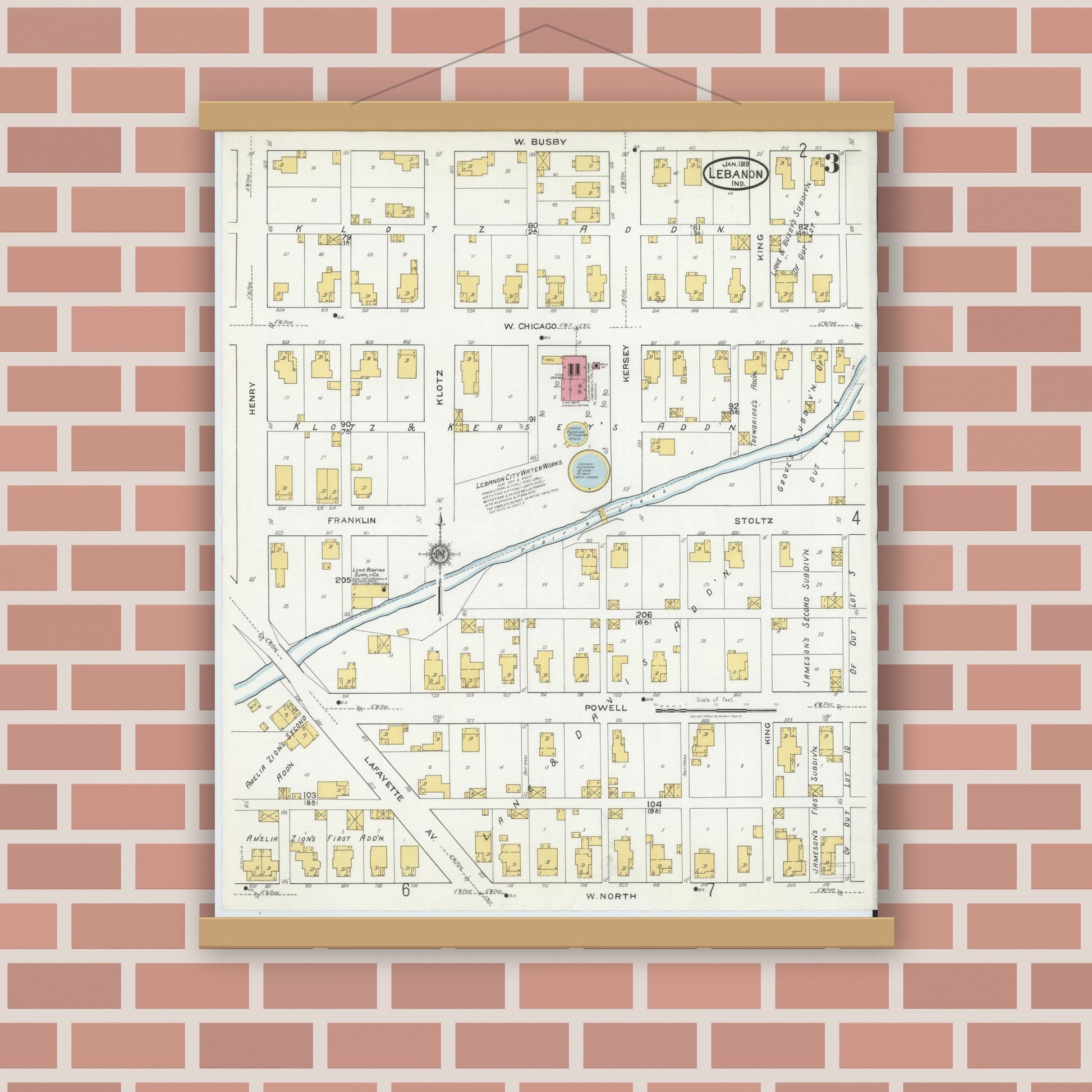Old map wall art mockup — magnetic wood frame on brick wall — Sanborn Fire Insurance Map from Lebanon, Boone County, Indiana (1919), Sheet #0003