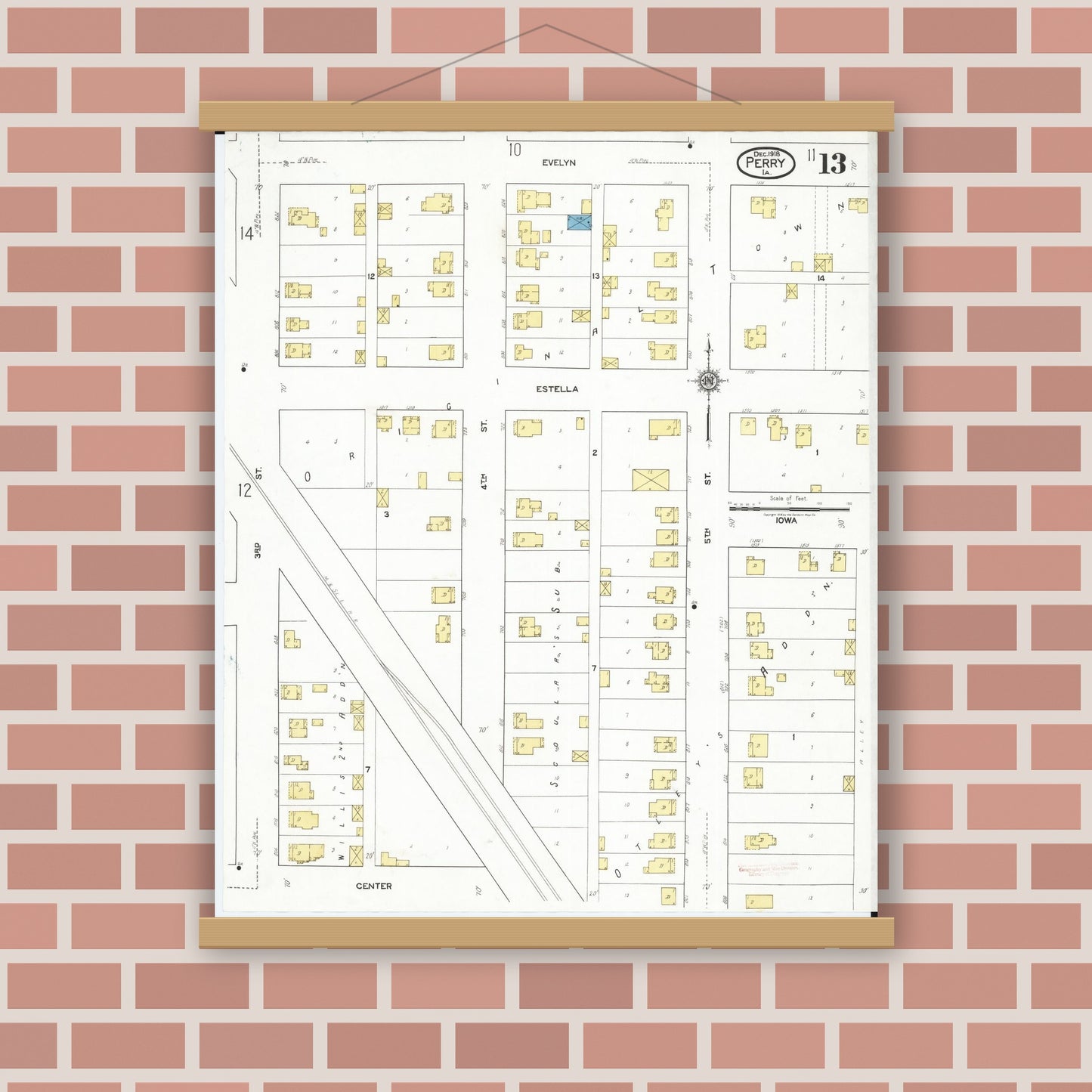Old map wall art mockup — magnetic wood frame on brick wall — Sanborn Fire Insurance Map from Perry, Dallas County, Iowa (1918), Sheet #0013
