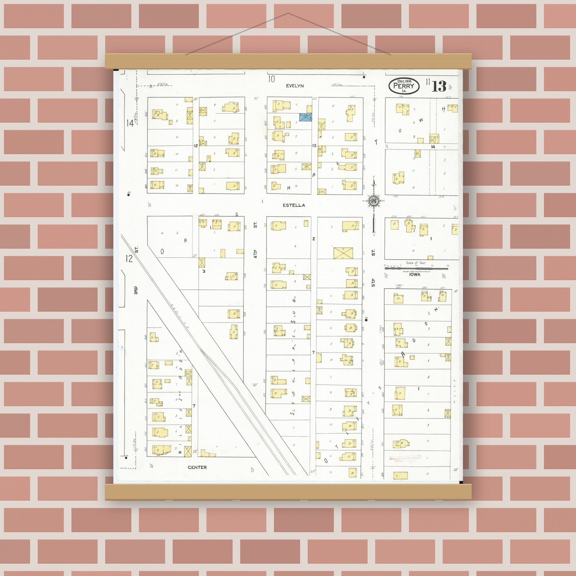 Old map wall art mockup — magnetic wood frame on brick wall — Sanborn Fire Insurance Map from Perry, Dallas County, Iowa (1918), Sheet #0013