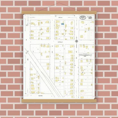 Old map wall art mockup — magnetic wood frame on brick wall — Sanborn Fire Insurance Map from Perry, Dallas County, Iowa (1918), Sheet #0013