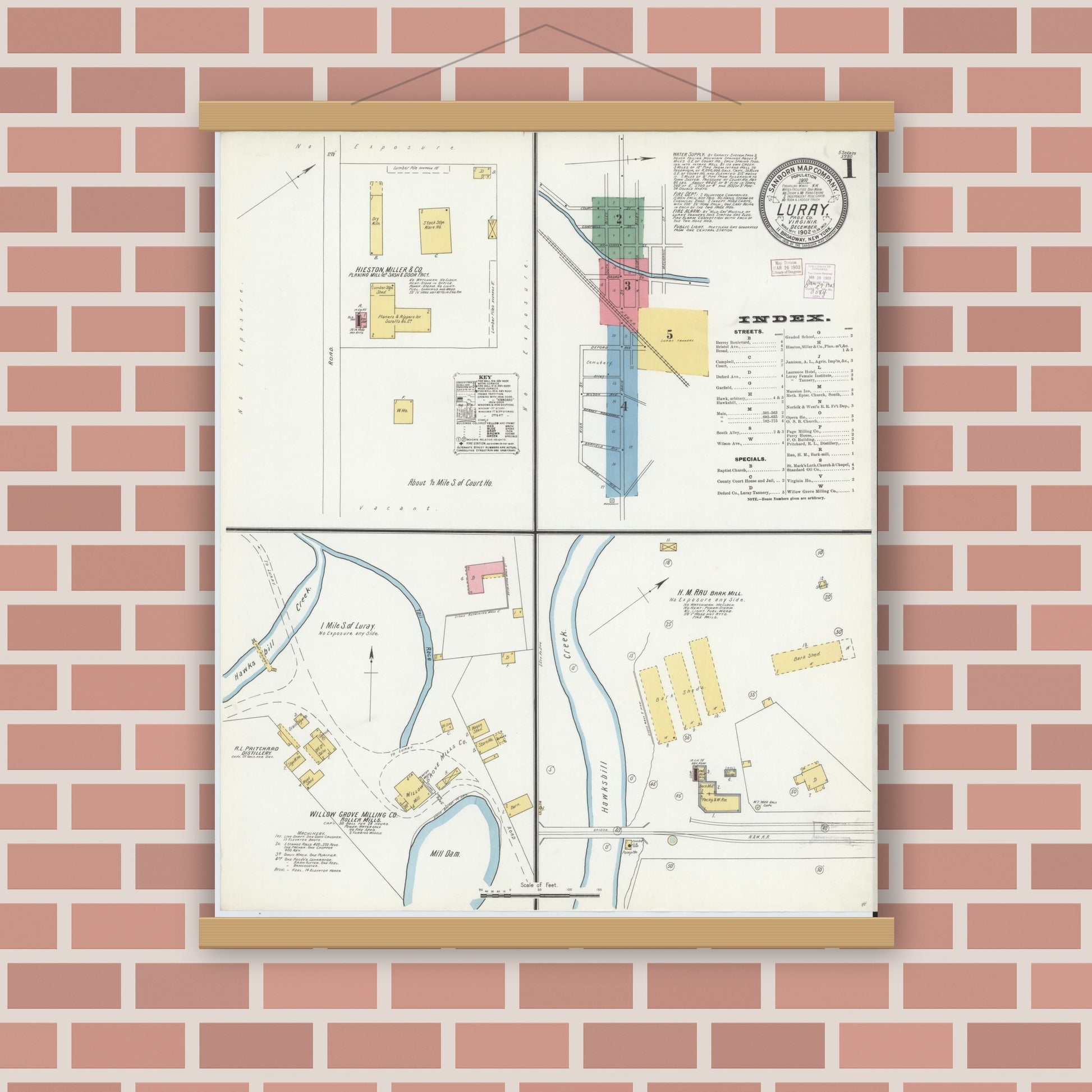 Old map wall art mockup — magnetic wood frame on brick wall — Sanborn Fire Insurance Map from Luray, Page County, Virginia (1902) - Complete Map Set