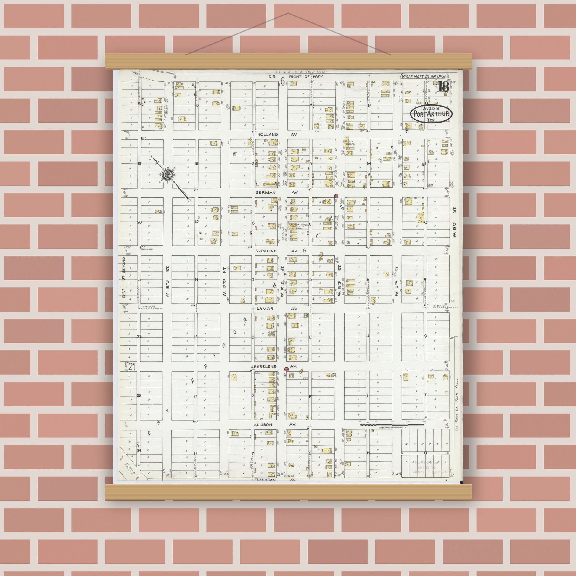 Old map wall art mockup — magnetic wood frame on brick wall — Sanborn Fire Insurance Map from Port Arthur, Jefferson County, Texas (1918), Sheet #0018