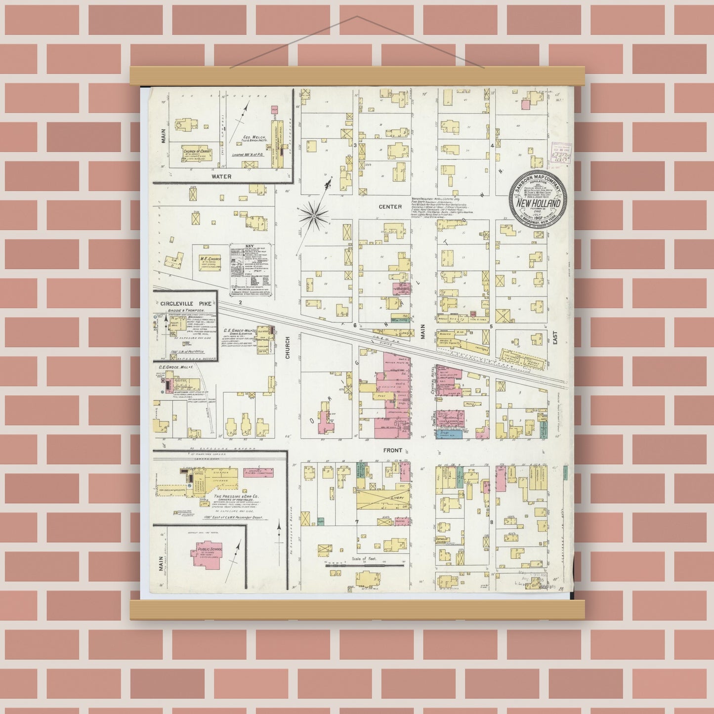 Old map wall art mockup — magnetic wood frame on brick wall — Sanborn Fire Insurance Map from New Holland, Pickaway County, Ohio (1907), Sheet #0001