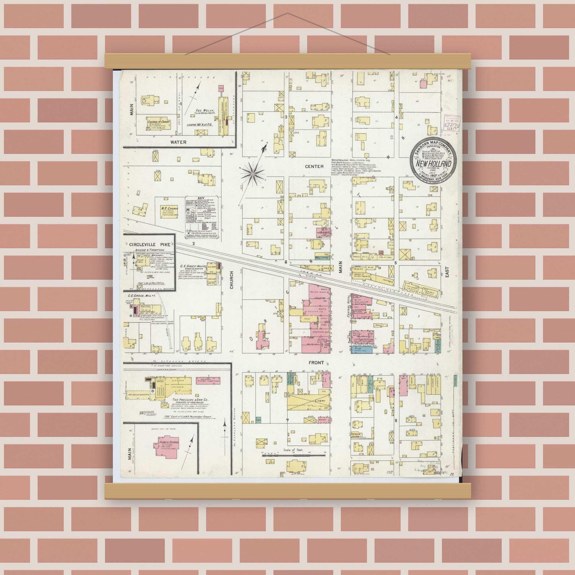 Old map wall art mockup — magnetic wood frame on brick wall — Sanborn Fire Insurance Map from New Holland, Pickaway County, Ohio (1907), Sheet #0001