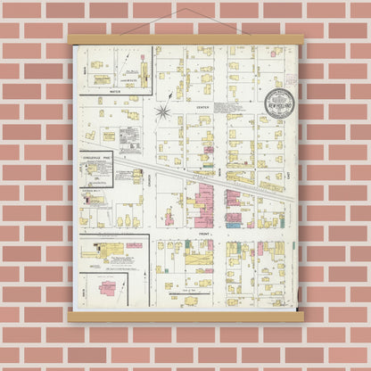 Old map wall art mockup — magnetic wood frame on brick wall — Sanborn Fire Insurance Map from New Holland, Pickaway County, Ohio (1907), Sheet #0001