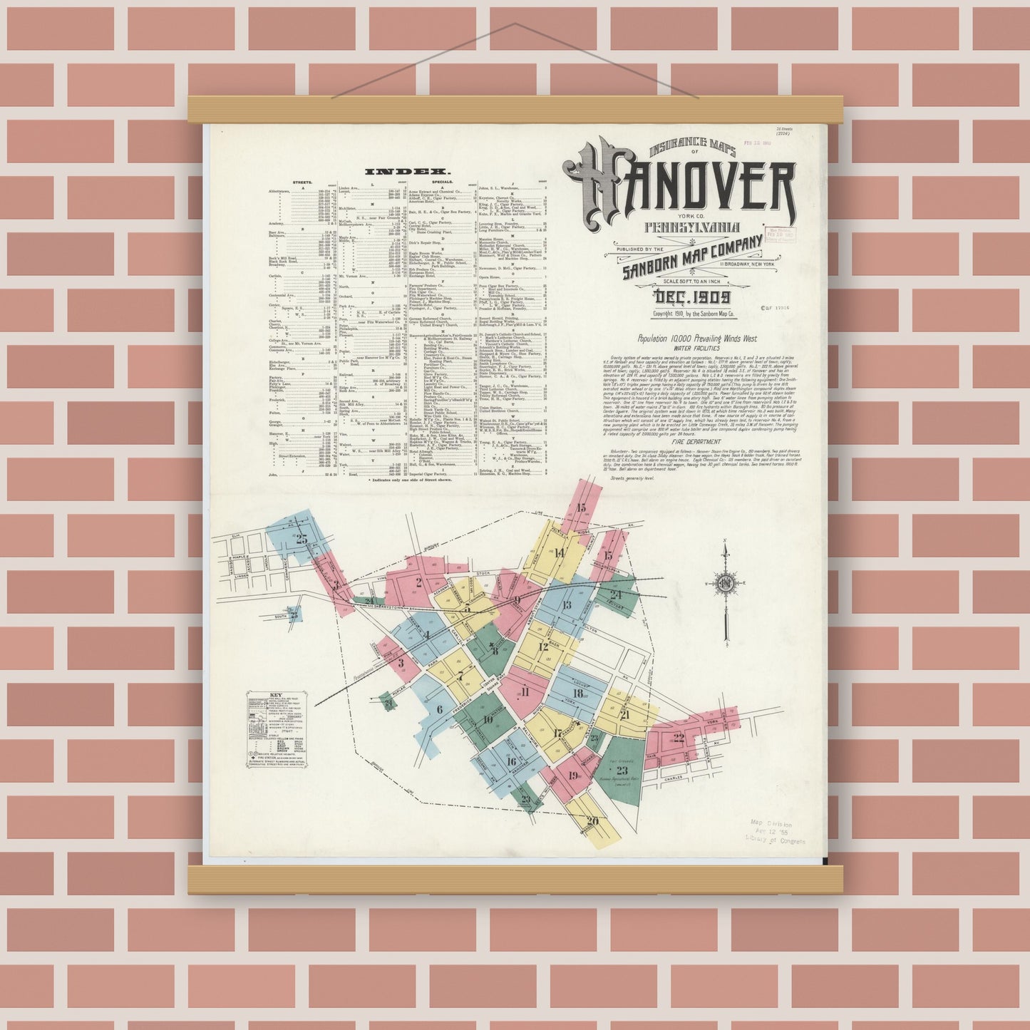 Old map wall art mockup — magnetic wood frame on brick wall — Sanborn Fire Insurance Map from Hanover, York County, Pennsylvania (1909), Sheet #0001