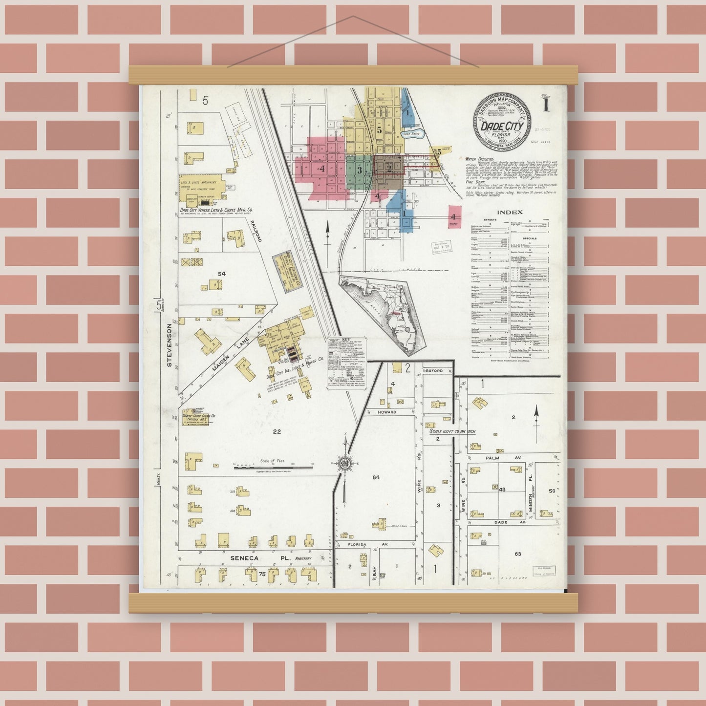 Old map wall art mockup — magnetic wood frame on brick wall — Sanborn Fire Insurance Map from Dade City, Pasco County, Florida (1920), Sheet #0001