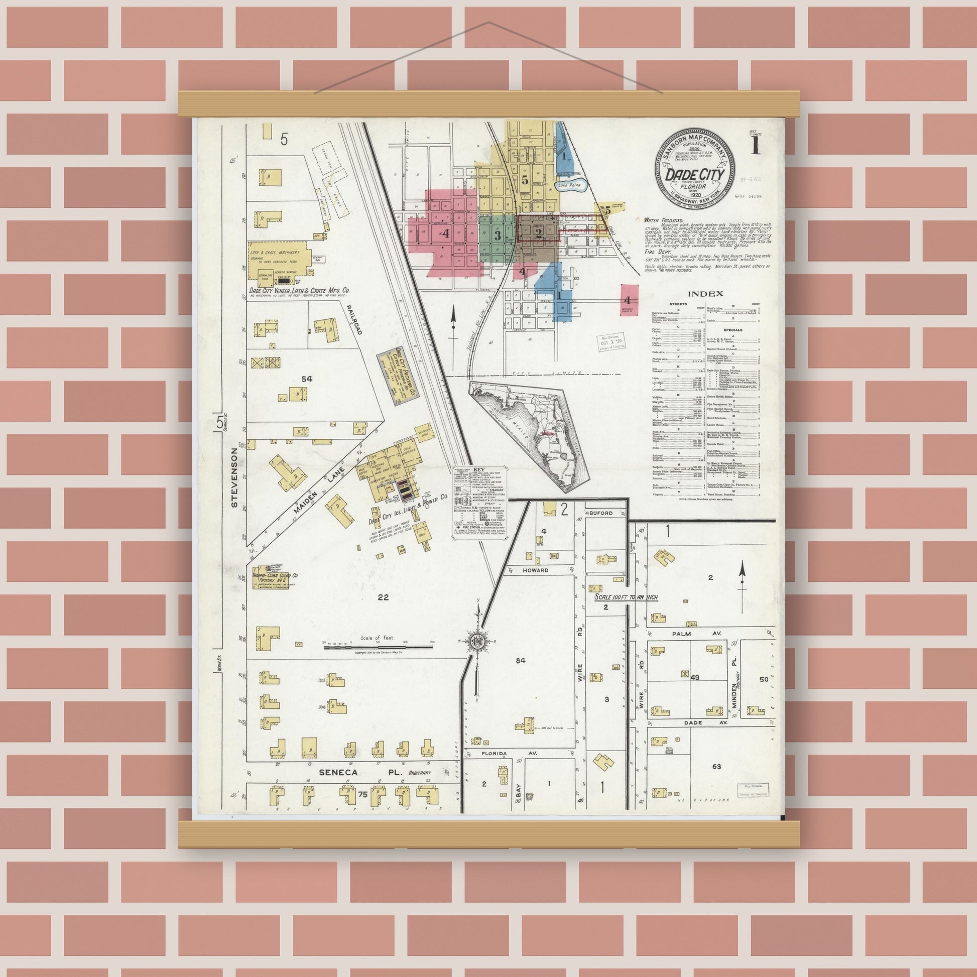 Old map wall art mockup — magnetic wood frame on brick wall — Sanborn Fire Insurance Map from Dade City, Pasco County, Florida (1920), Sheet #0001