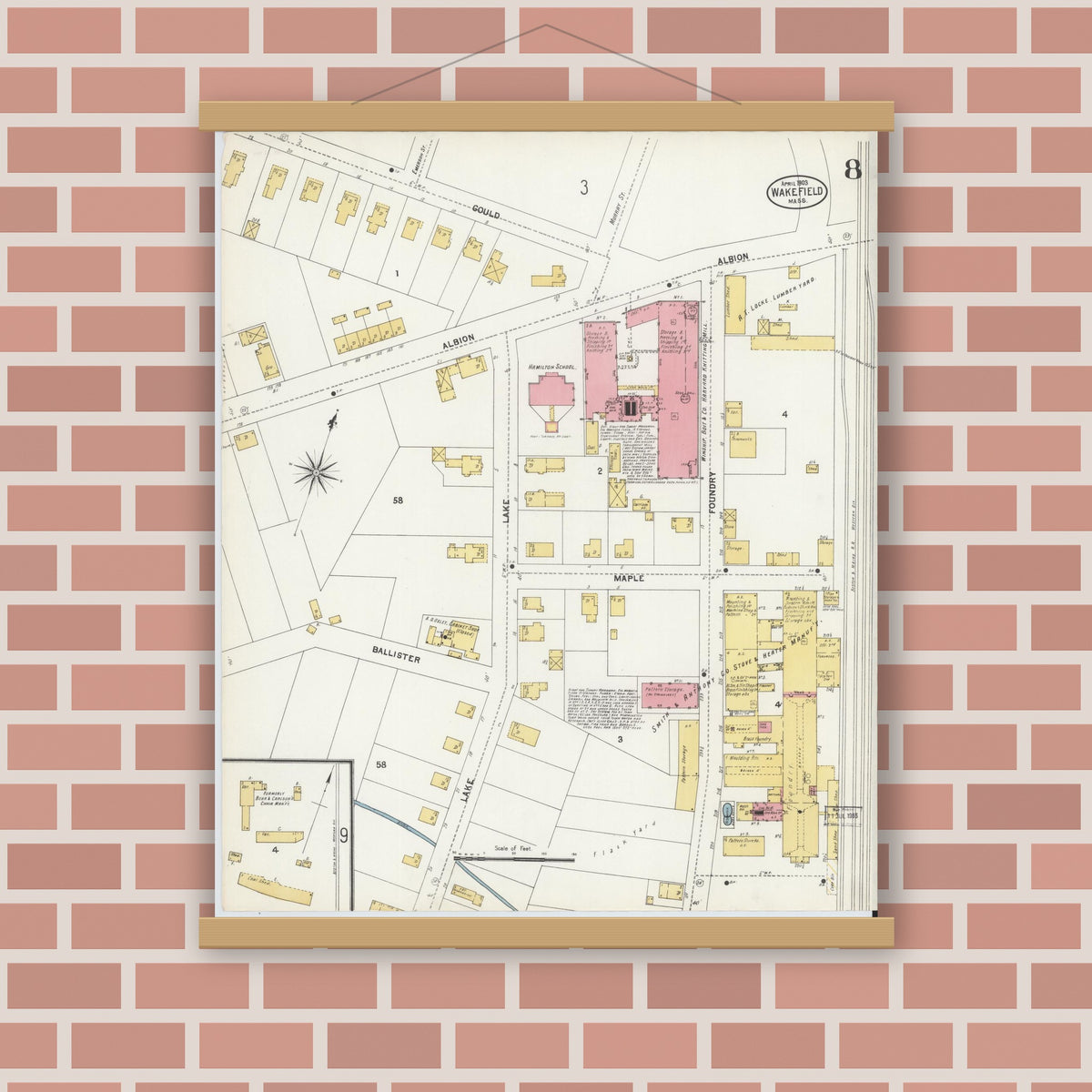Old map wall art mockup — magnetic wood frame on brick wall — Sanborn Fire Insurance Map from Wakefield, Middlesex County, Massachusetts (1903), Sheet #0008