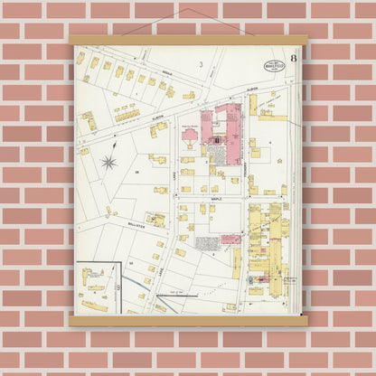 Old map wall art mockup — magnetic wood frame on brick wall — Sanborn Fire Insurance Map from Wakefield, Middlesex County, Massachusetts (1903), Sheet #0008