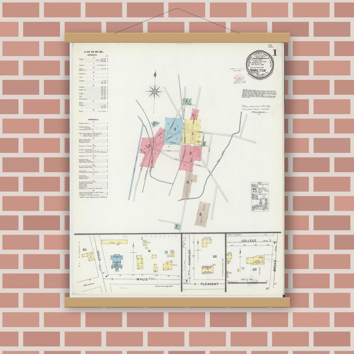 Old map wall art mockup — magnetic wood frame on brick wall — Sanborn Fire Insurance Map from Hamilton, Madison County, New York (1896) - Complete Map Set