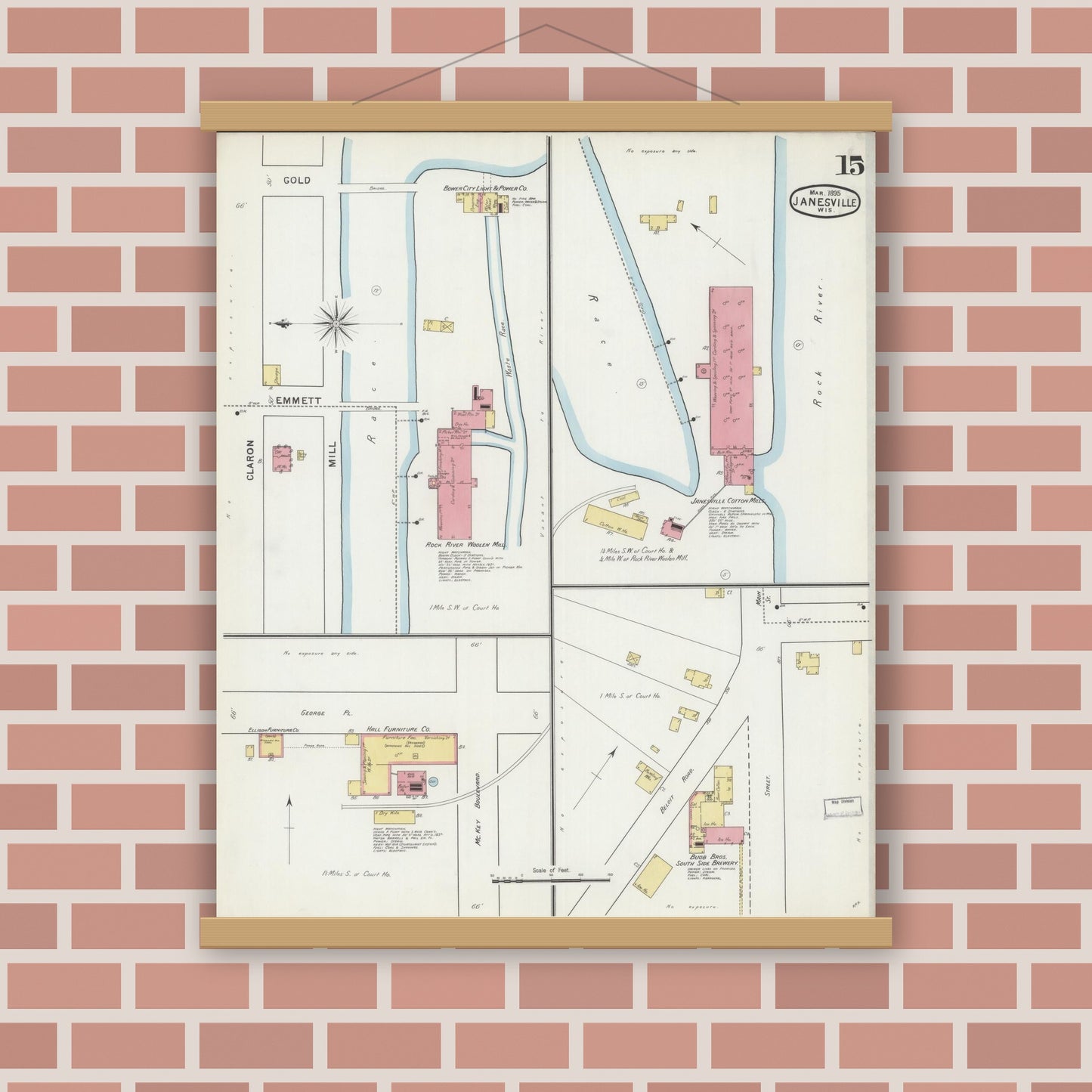 Old map wall art mockup — magnetic wood frame on brick wall — Sanborn Fire Insurance Map from Janesville, Rock County, Wisconsin (1895), Sheet #0015