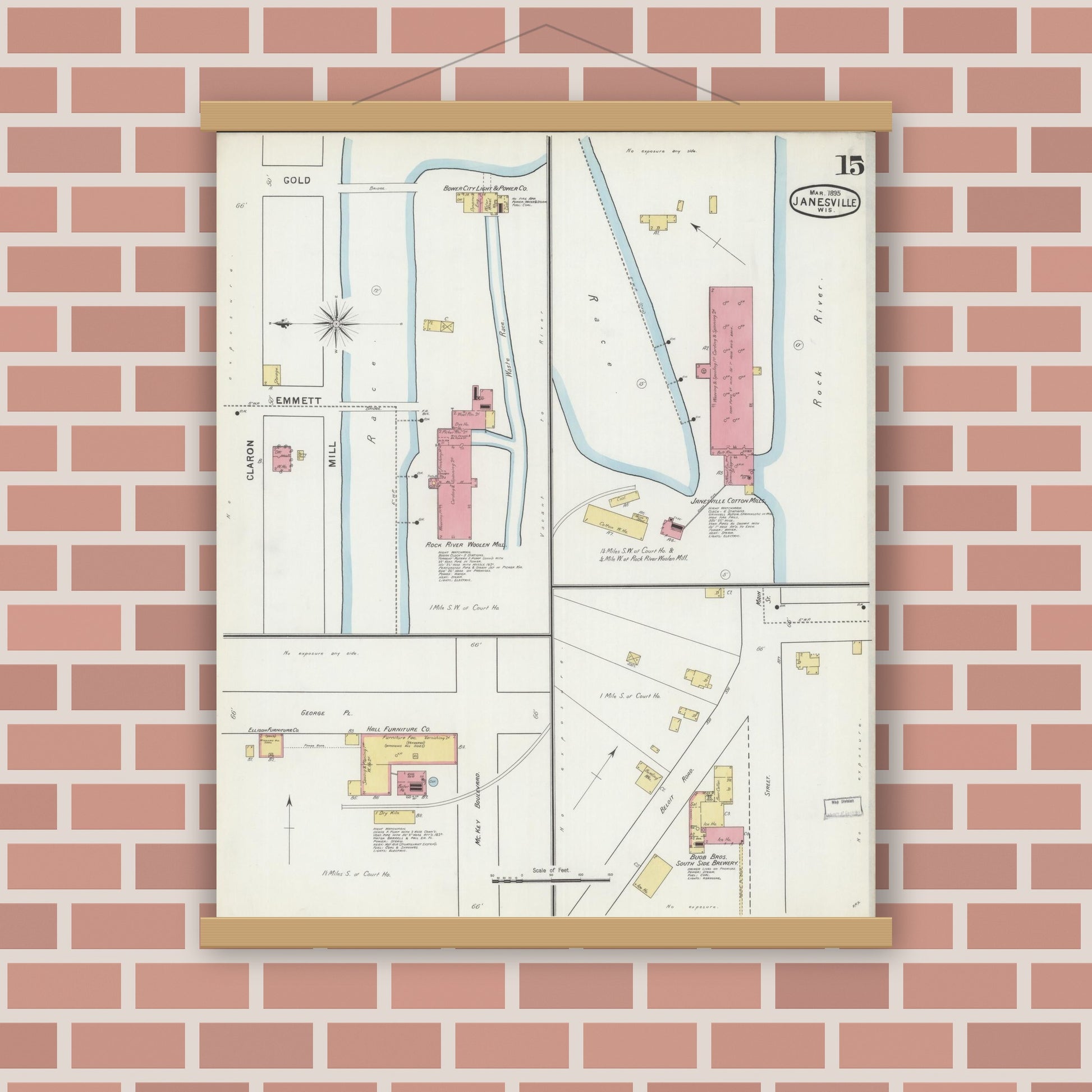 Old map wall art mockup — magnetic wood frame on brick wall — Sanborn Fire Insurance Map from Janesville, Rock County, Wisconsin (1895), Sheet #0015