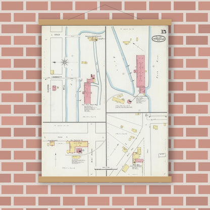 Old map wall art mockup — magnetic wood frame on brick wall — Sanborn Fire Insurance Map from Janesville, Rock County, Wisconsin (1895), Sheet #0015