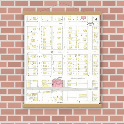 Old map wall art mockup — magnetic wood frame on brick wall — Sanborn Fire Insurance Map from Perry, Dallas County, Iowa (1918), Sheet #0004
