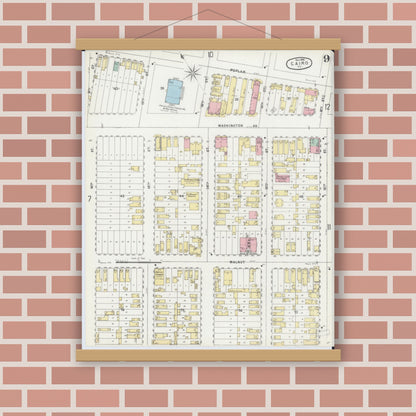 Old map wall art mockup — magnetic wood frame on brick wall — Sanborn Fire Insurance Map from Cairo, Alexander County, Illinois (1896), Sheet #0009