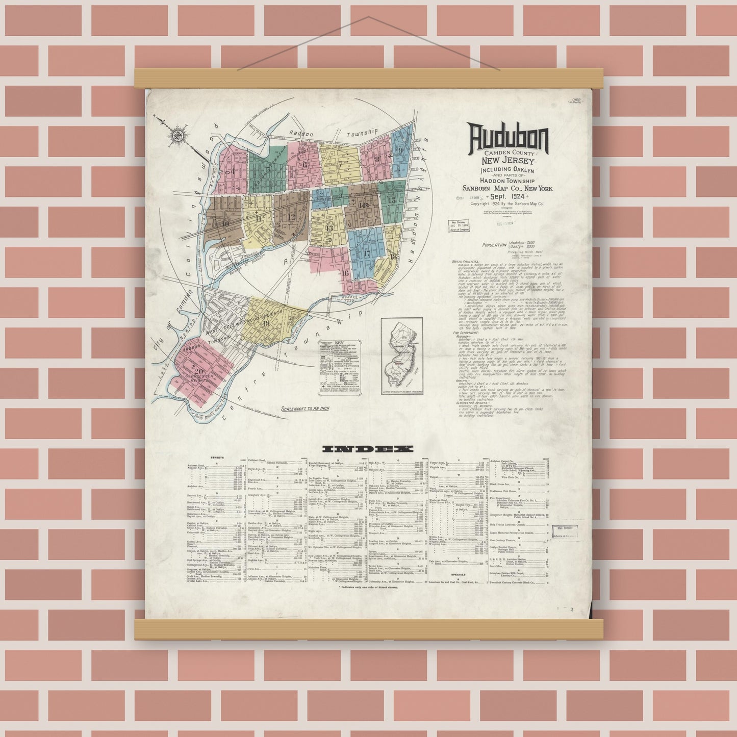 Old map wall art mockup — magnetic wood frame on brick wall — Sanborn Fire Insurance Map from Audubon, Camden County, New Jersey (1924), Sheet #0001