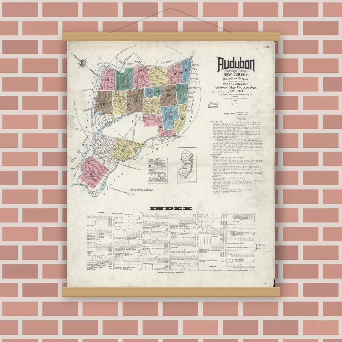 Old map wall art mockup — magnetic wood frame on brick wall — Sanborn Fire Insurance Map from Audubon, Camden County, New Jersey (1924), Sheet #0001