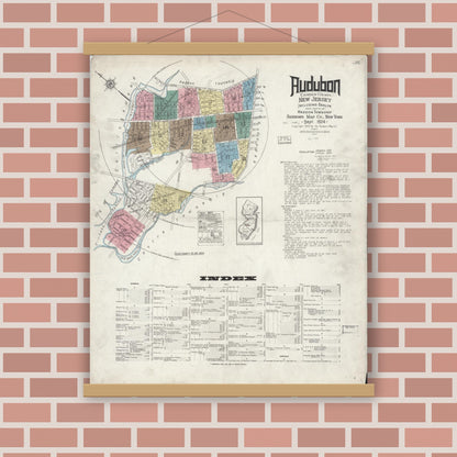 Old map wall art mockup — magnetic wood frame on brick wall — Sanborn Fire Insurance Map from Audubon, Camden County, New Jersey (1924), Sheet #0001